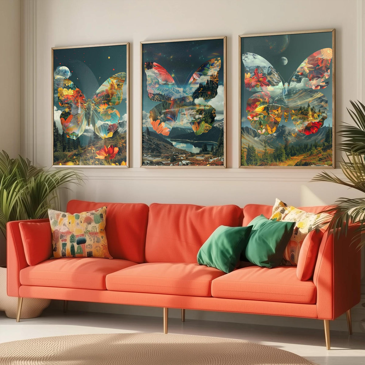 Butterfly Set of Three Art Prints - 3 Double Exposure Floral Posters - Surreal Meadow Nature Wall Art Gift Painting Cosmic