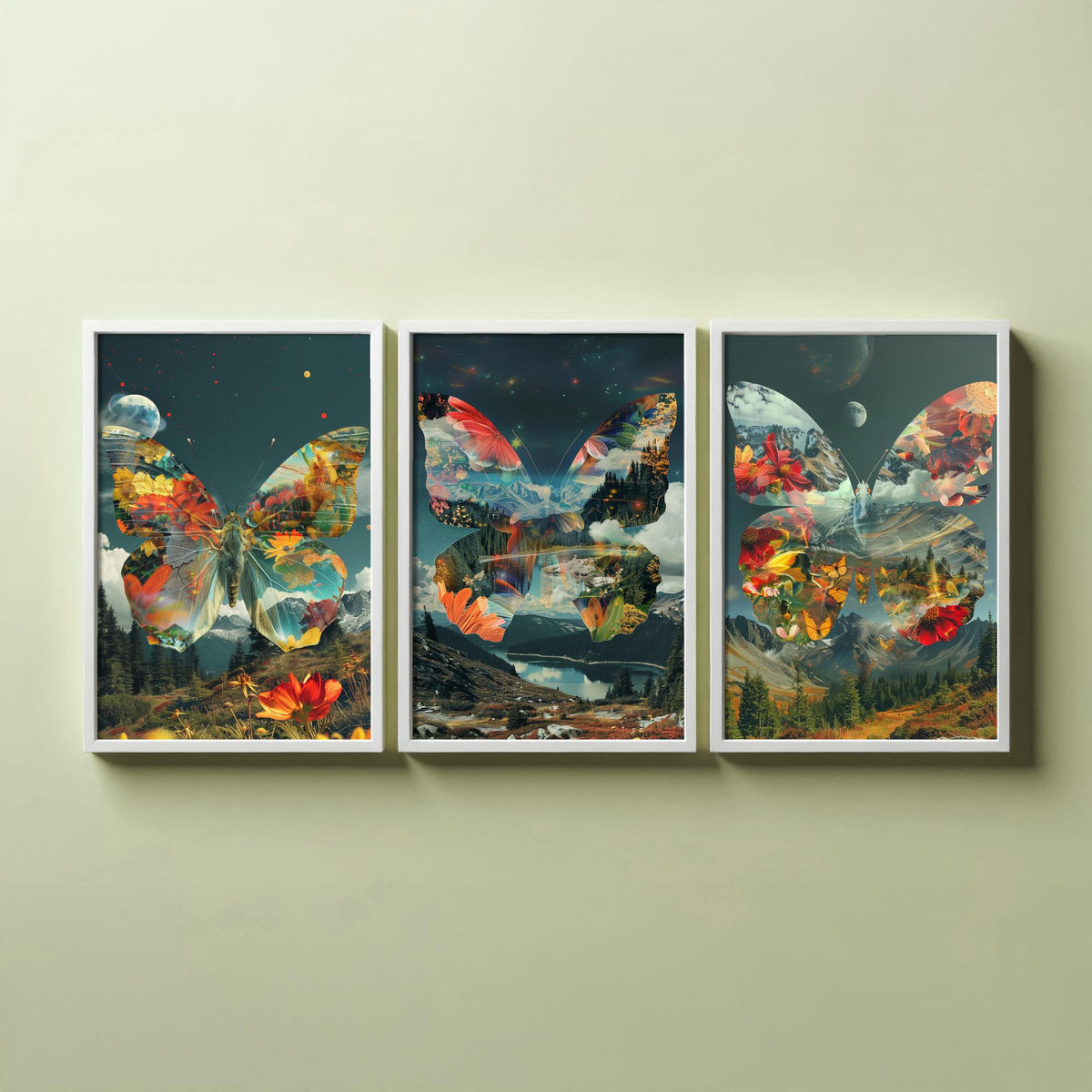 Butterfly Set of Three Art Prints - 3 Double Exposure Floral Posters - Surreal Meadow Nature Wall Art Gift Painting Cosmic