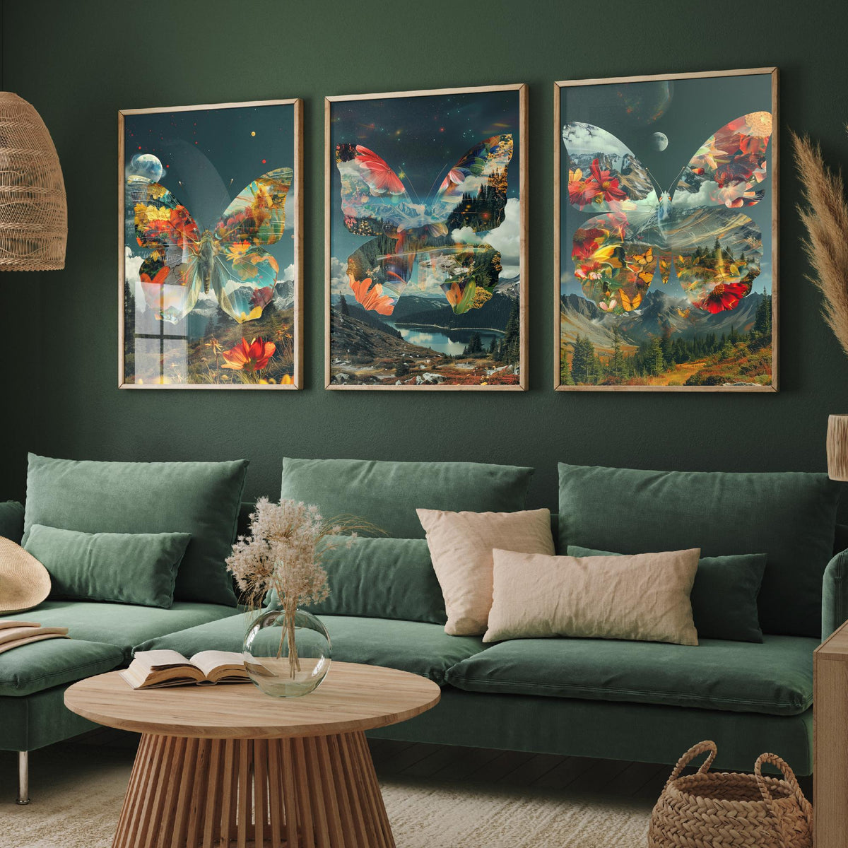 Butterfly Set of Three Art Prints - 3 Double Exposure Floral Posters - Surreal Meadow Nature Wall Art Gift Painting Cosmic