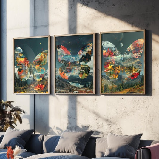 Butterfly Set of Three Art Prints - 3 Double Exposure Floral Posters - Surreal Meadow Nature Wall Art Gift Painting Cosmic