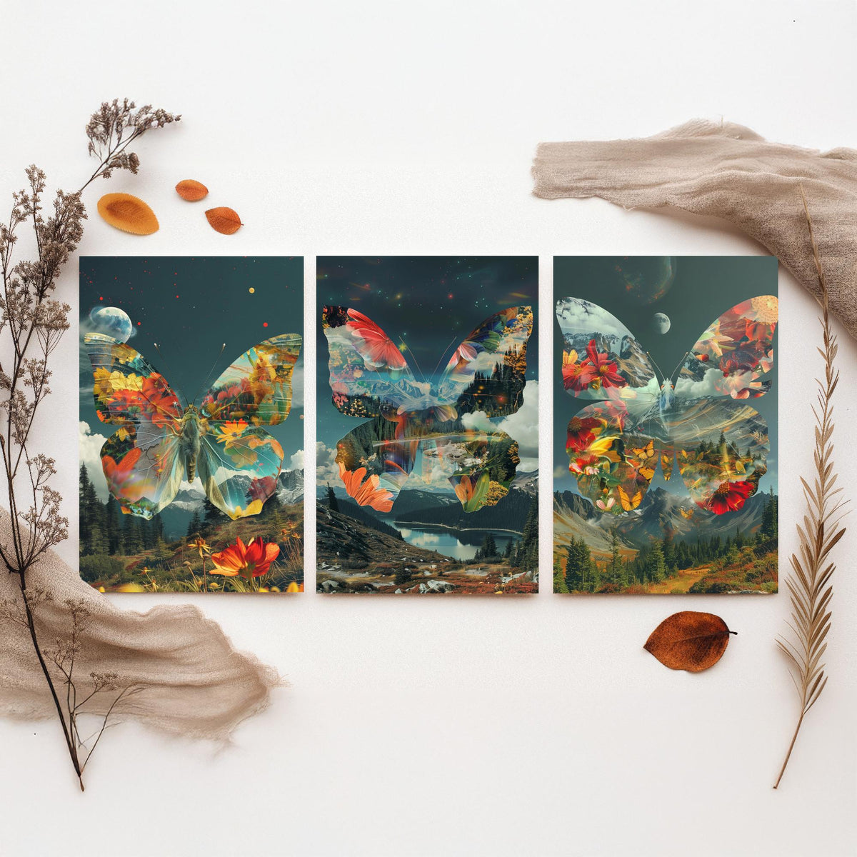 Butterfly Set of Three Art Prints - 3 Double Exposure Floral Posters - Surreal Meadow Nature Wall Art Gift Painting Cosmic