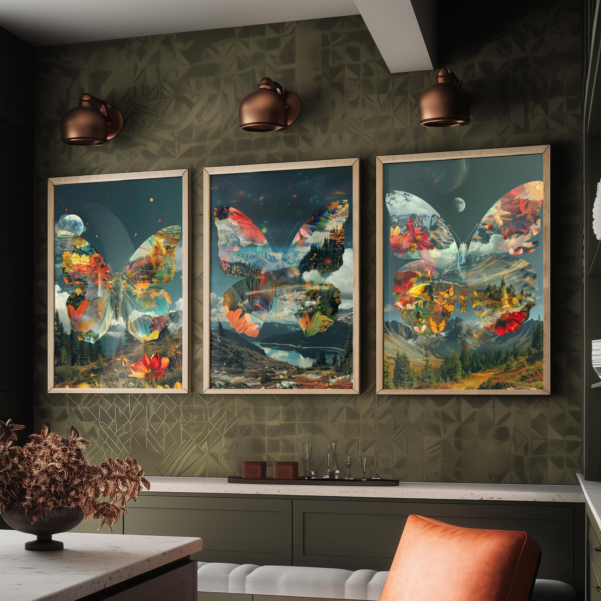 Butterfly Set of Three Art Prints - 3 Double Exposure Floral Posters - Surreal Meadow Nature Wall Art Gift Painting Cosmic