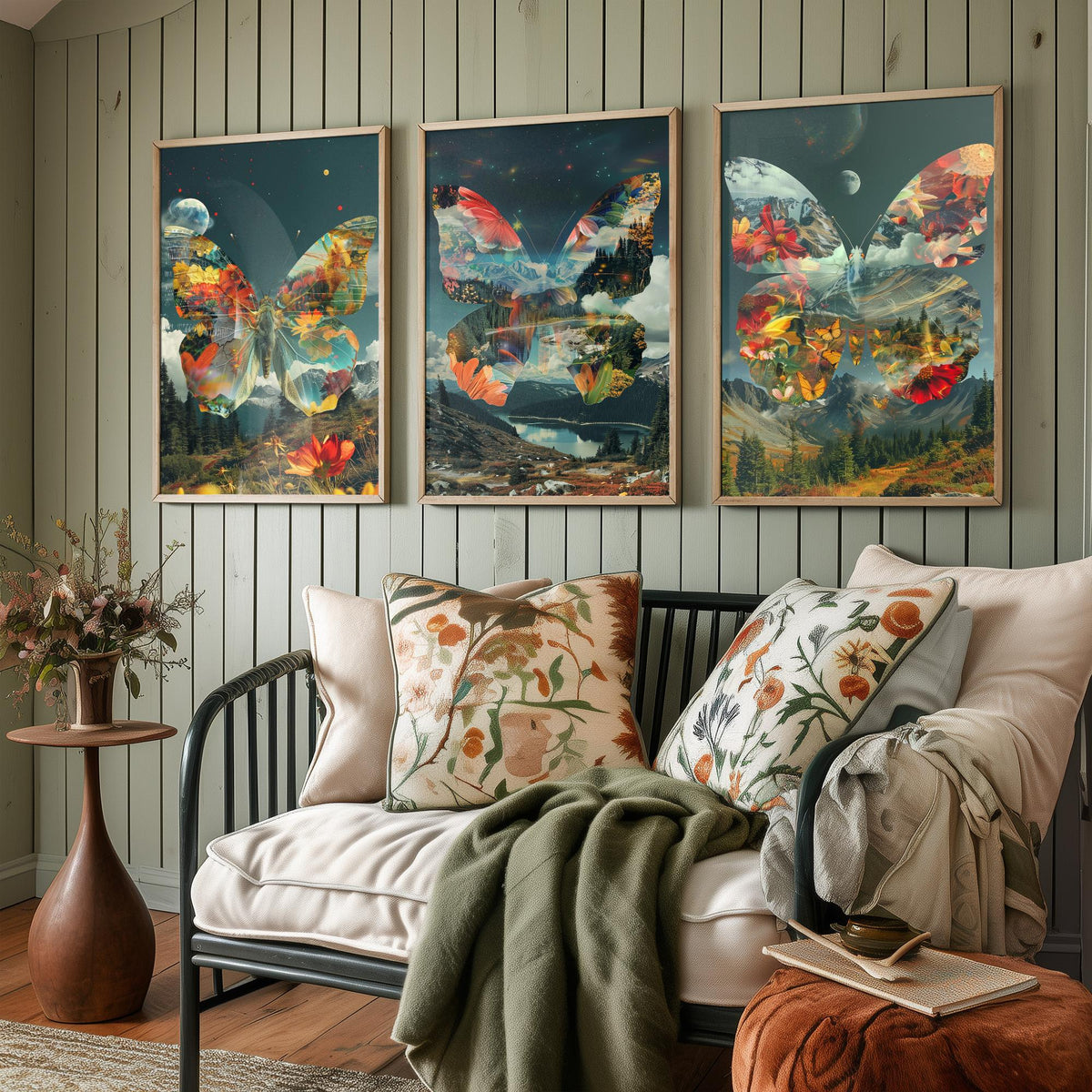 Butterfly Set of Three Art Prints - 3 Double Exposure Floral Posters - Surreal Meadow Nature Wall Art Gift Painting Cosmic