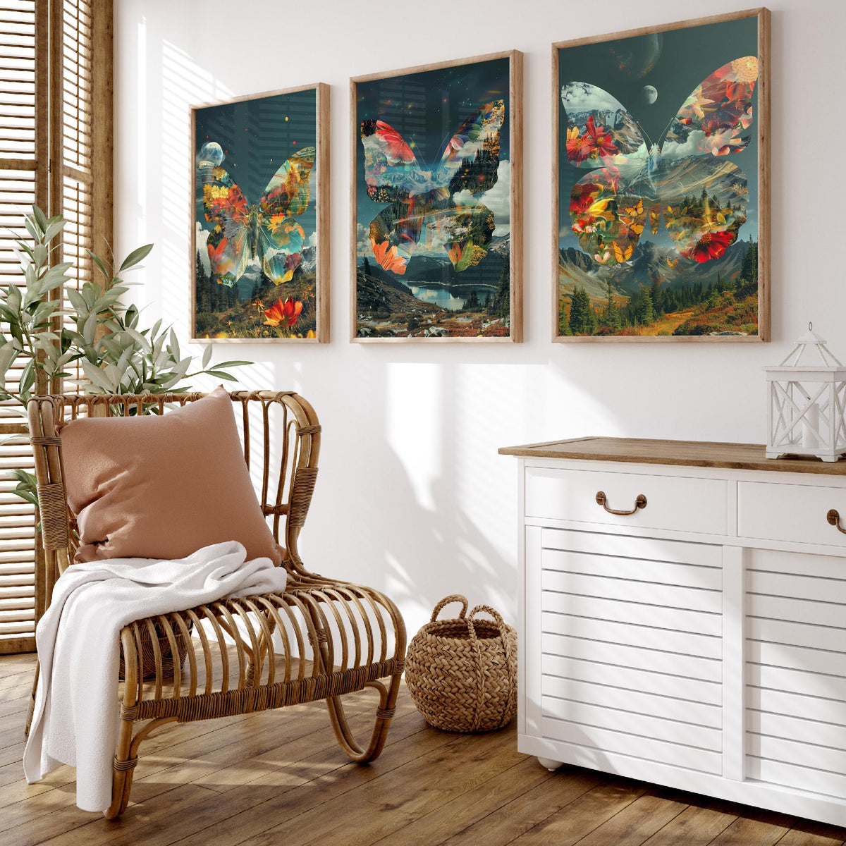 Butterfly Set of Three Art Prints - 3 Double Exposure Floral Posters - Surreal Meadow Nature Wall Art Gift Painting Cosmic