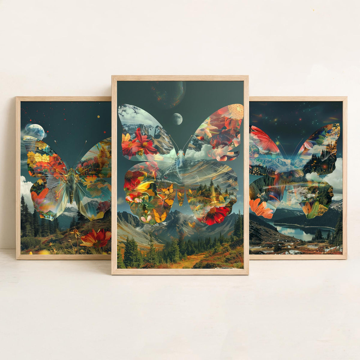 Butterfly Set of Three Art Prints - 3 Double Exposure Floral Posters - Surreal Meadow Nature Wall Art Gift Painting Cosmic