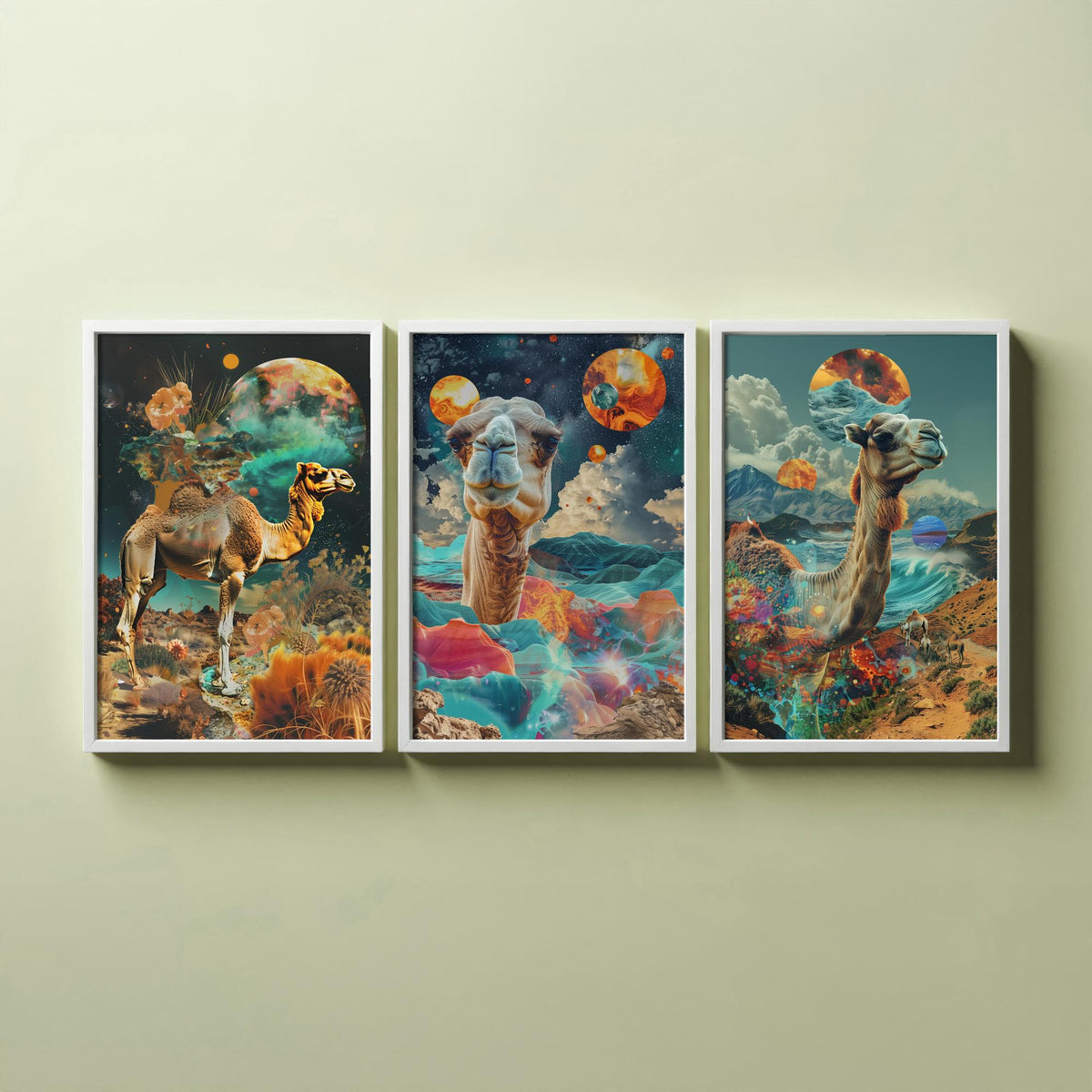 Camel Set of Three Art Prints - 3 Double Exposure Desert Posters - Surreal Cosmic Planet Nature Wall Art Gift Painting