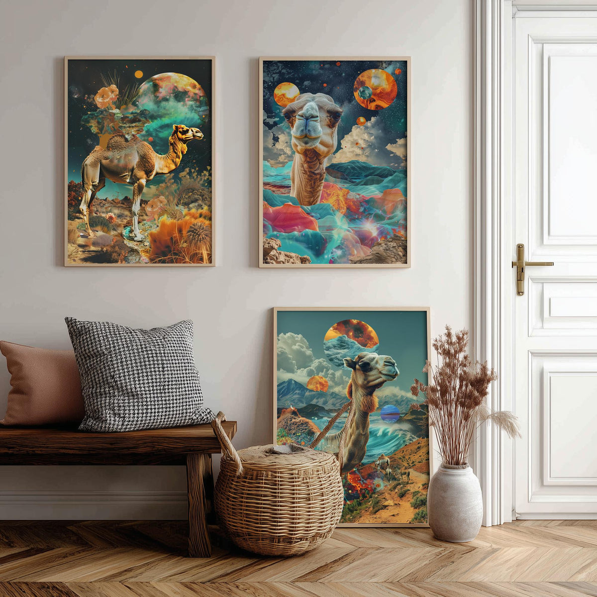 Camel Set of Three Art Prints - 3 Double Exposure Desert Posters - Surreal Cosmic Planet Nature Wall Art Gift Painting