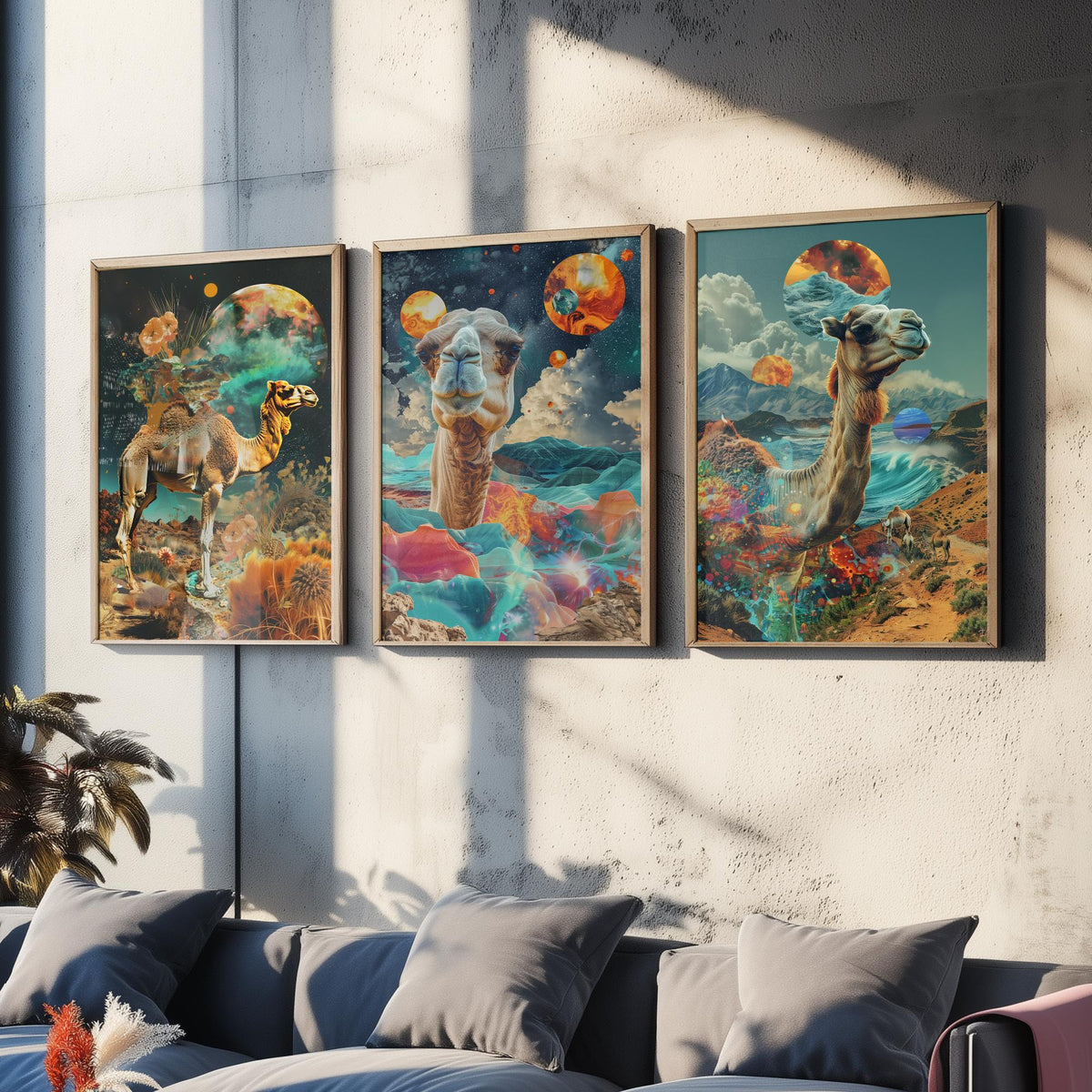 Camel Set of Three Art Prints - 3 Double Exposure Desert Posters - Surreal Cosmic Planet Nature Wall Art Gift Painting