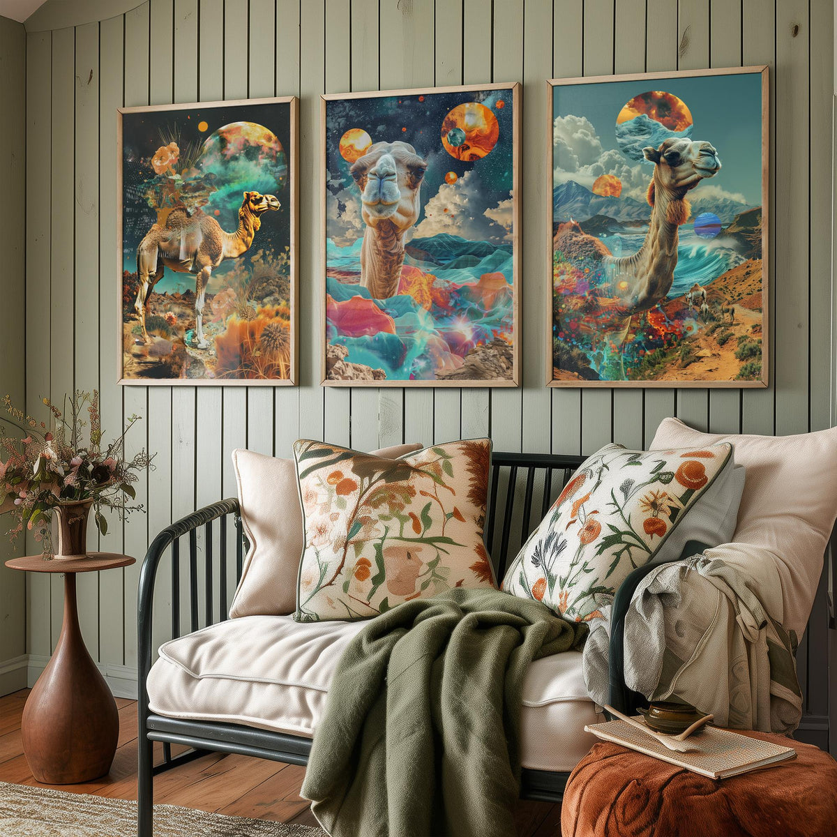 Camel Set of Three Art Prints - 3 Double Exposure Desert Posters - Surreal Cosmic Planet Nature Wall Art Gift Painting