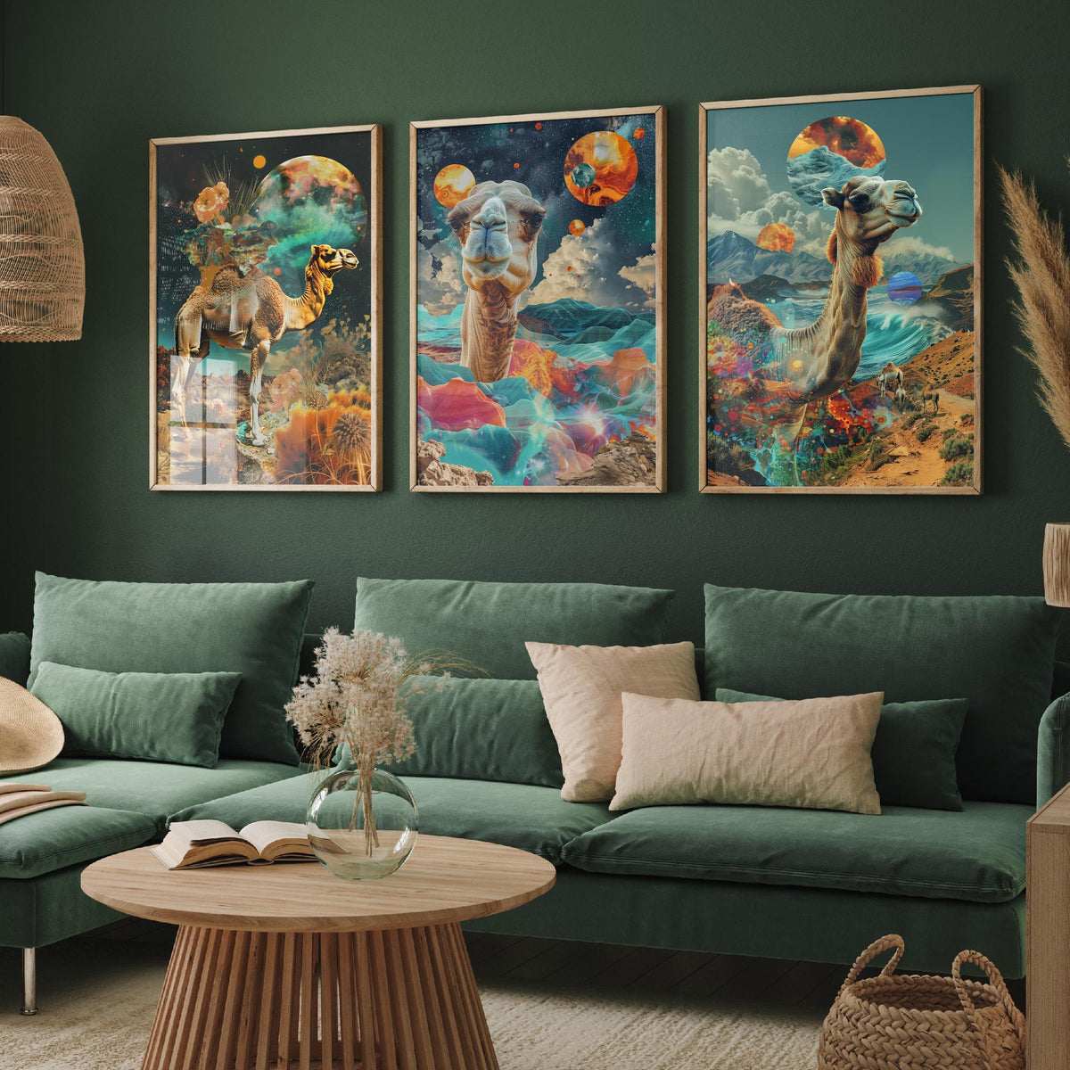 Camel Set of Three Art Prints - 3 Double Exposure Desert Posters - Surreal Cosmic Planet Nature Wall Art Gift Painting