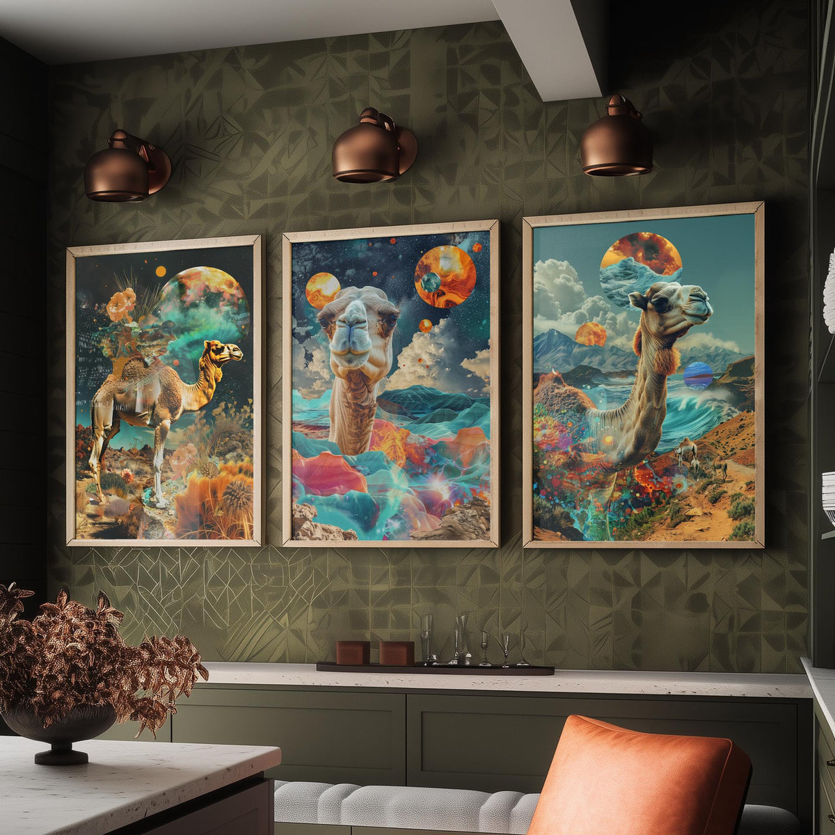 Camel Set of Three Art Prints - 3 Double Exposure Desert Posters - Surreal Cosmic Planet Nature Wall Art Gift Painting