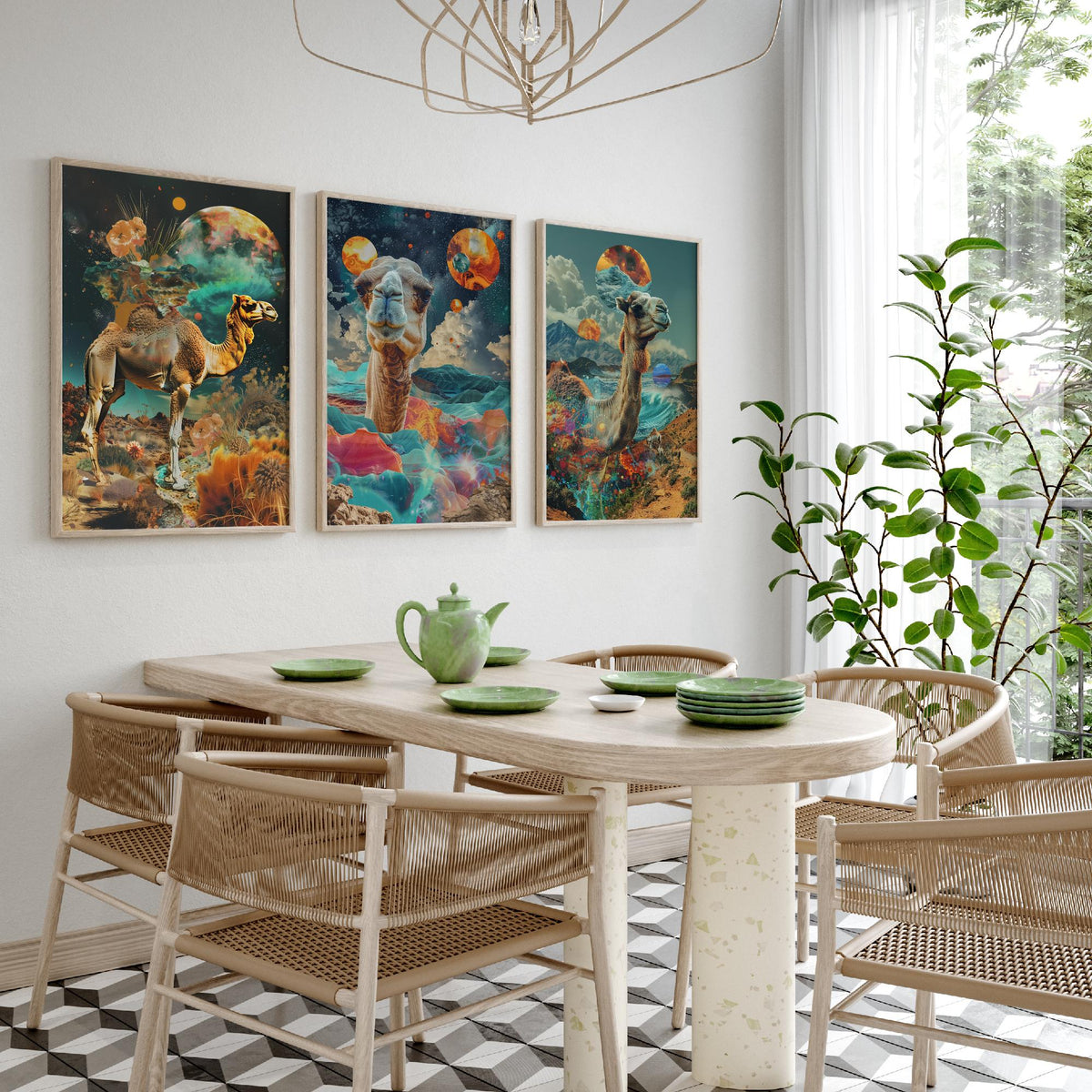 Camel Set of Three Art Prints - 3 Double Exposure Desert Posters - Surreal Cosmic Planet Nature Wall Art Gift Painting