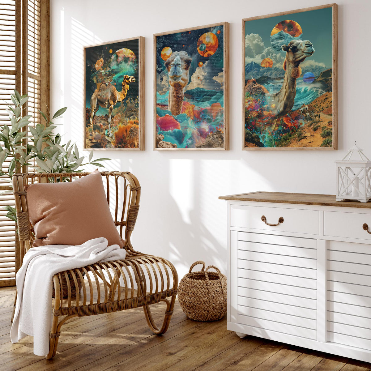 Camel Set of Three Art Prints - 3 Double Exposure Desert Posters - Surreal Cosmic Planet Nature Wall Art Gift Painting
