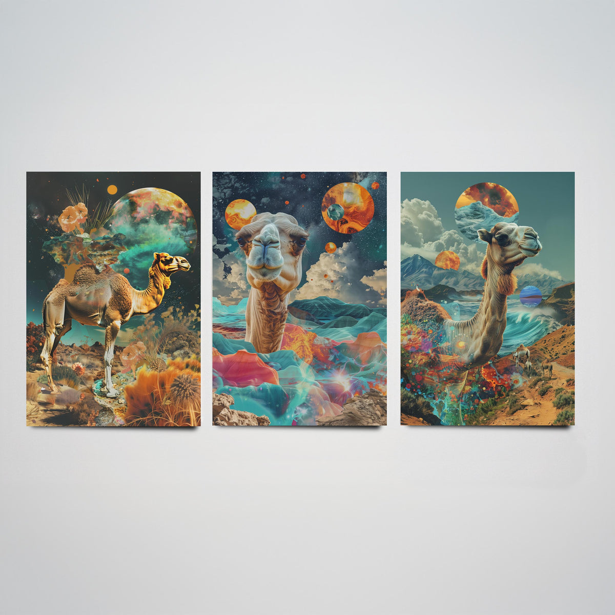 Camel Set of Three Art Prints - 3 Double Exposure Desert Posters - Surreal Cosmic Planet Nature Wall Art Gift Painting