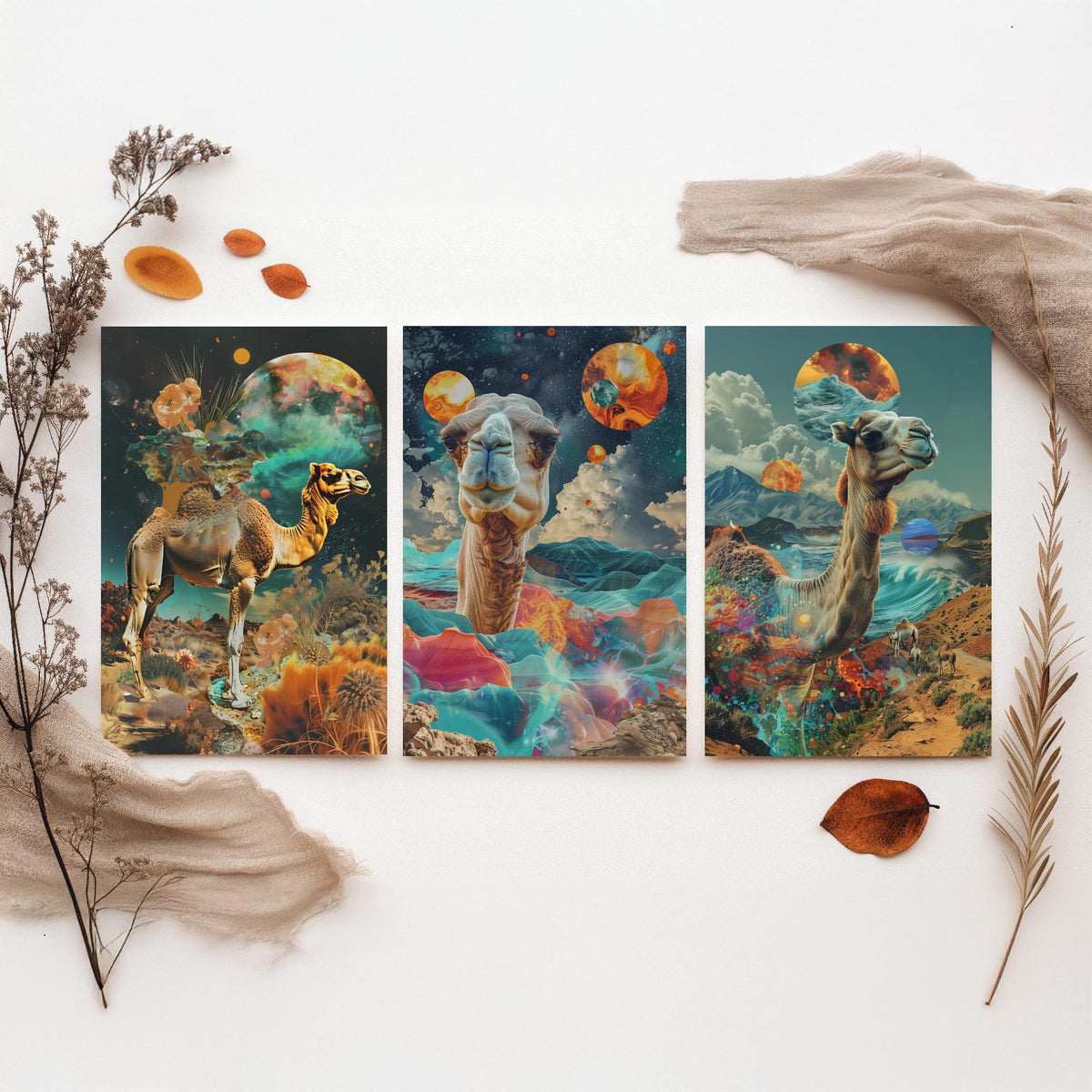 Camel Set of Three Art Prints - 3 Double Exposure Desert Posters - Surreal Cosmic Planet Nature Wall Art Gift Painting