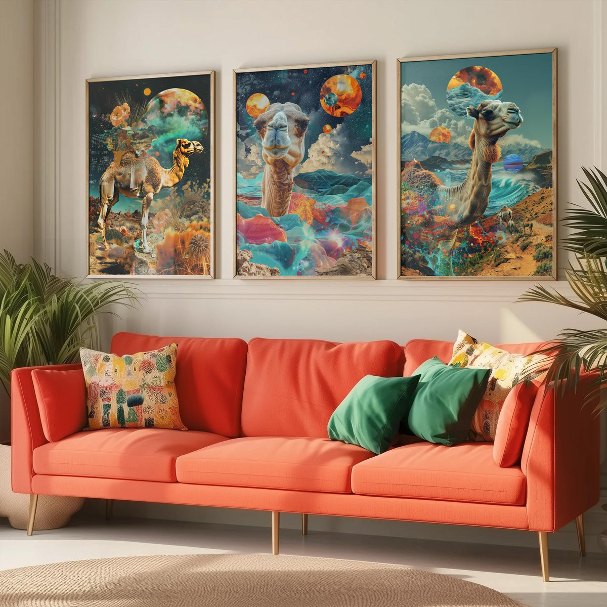 Camel Set of Three Art Prints - 3 Double Exposure Desert Posters - Surreal Cosmic Planet Nature Wall Art Gift Painting