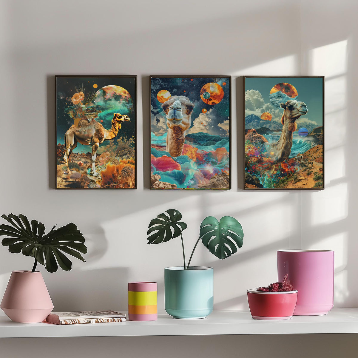 Camel Set of Three Art Prints - 3 Double Exposure Desert Posters - Surreal Cosmic Planet Nature Wall Art Gift Painting