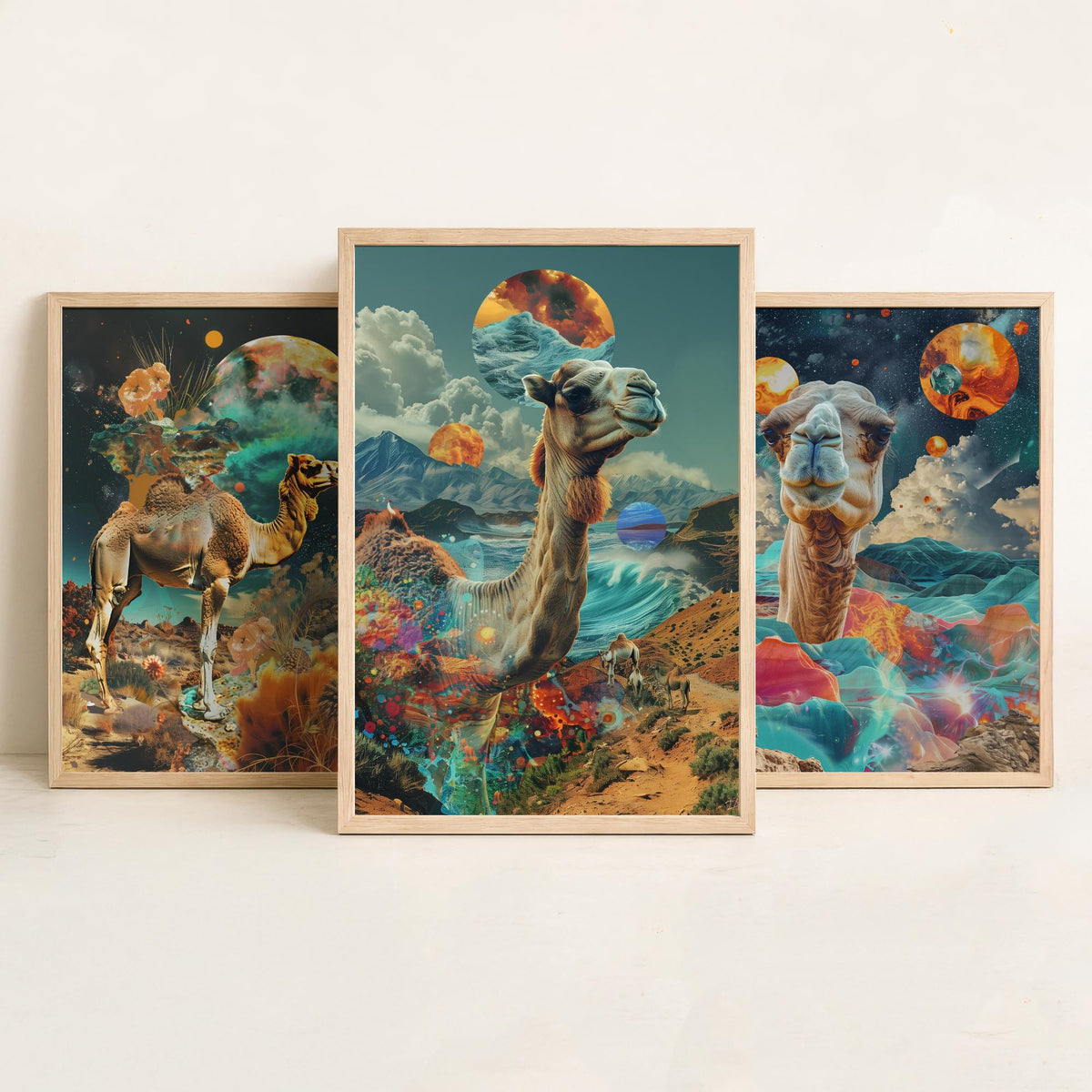 Camel Set of Three Art Prints - 3 Double Exposure Desert Posters - Surreal Cosmic Planet Nature Wall Art Gift Painting