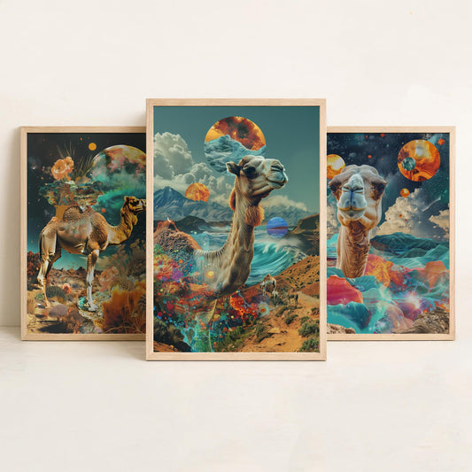 Camel Set of Three Art Prints - 3 Double Exposure Desert Posters - Surreal Cosmic Planet Nature Wall Art Gift Painting