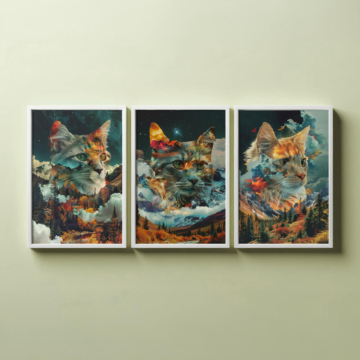 Cat Set of Three Art Prints - 3 Double Exposure Kitten Posters - Autumn Forest Surreal Nature Wall Art Gift Painting Decor