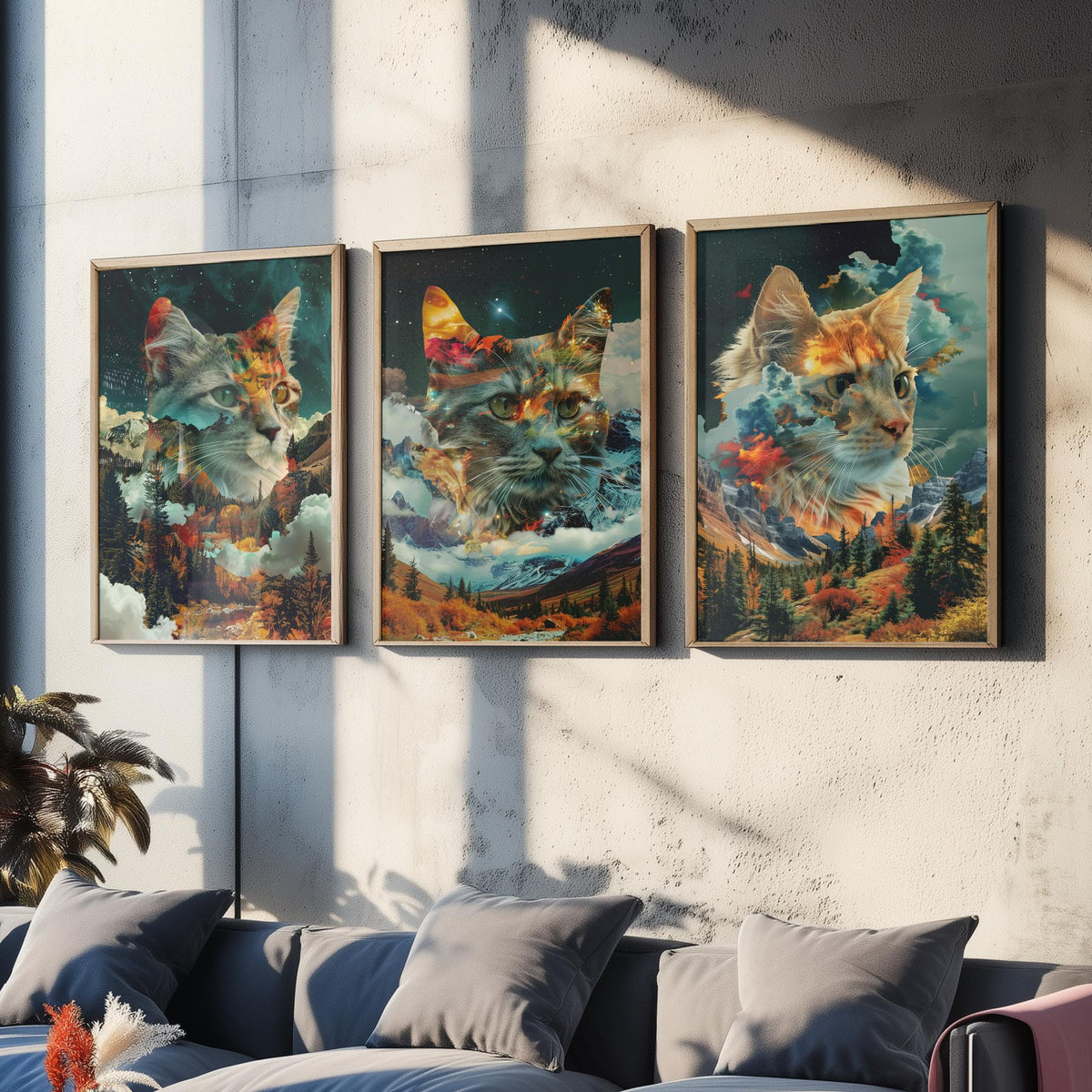 Cat Set of Three Art Prints - 3 Double Exposure Kitten Posters - Autumn Forest Surreal Nature Wall Art Gift Painting Decor