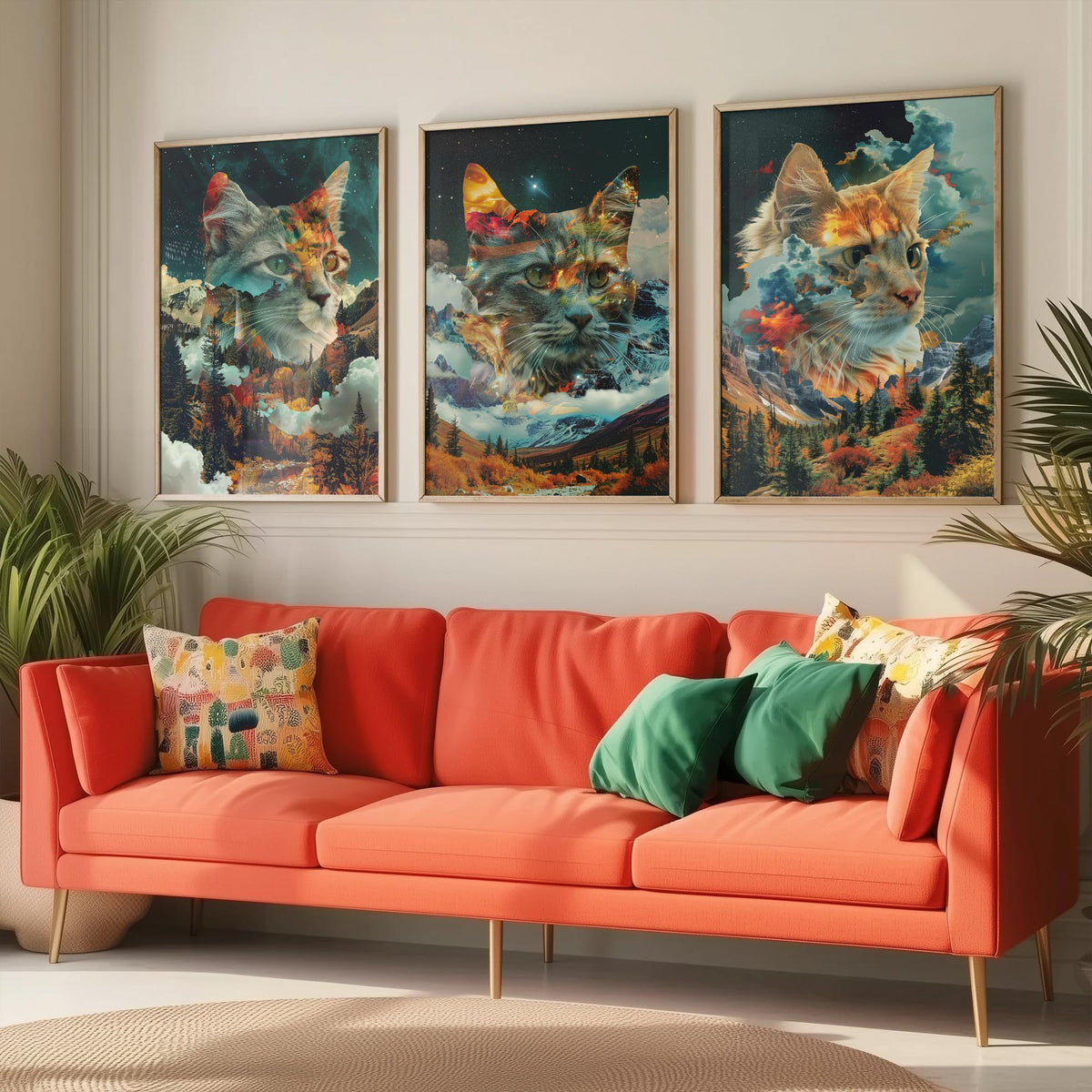 Cat Set of Three Art Prints - 3 Double Exposure Kitten Posters - Autumn Forest Surreal Nature Wall Art Gift Painting Decor