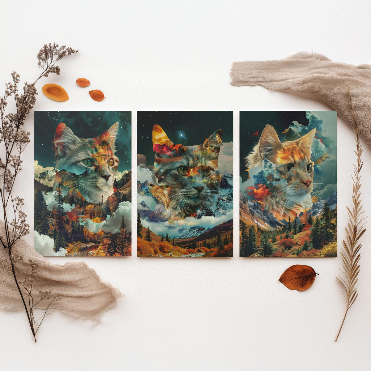 Cat Set of Three Art Prints - 3 Double Exposure Kitten Posters - Autumn Forest Surreal Nature Wall Art Gift Painting Decor