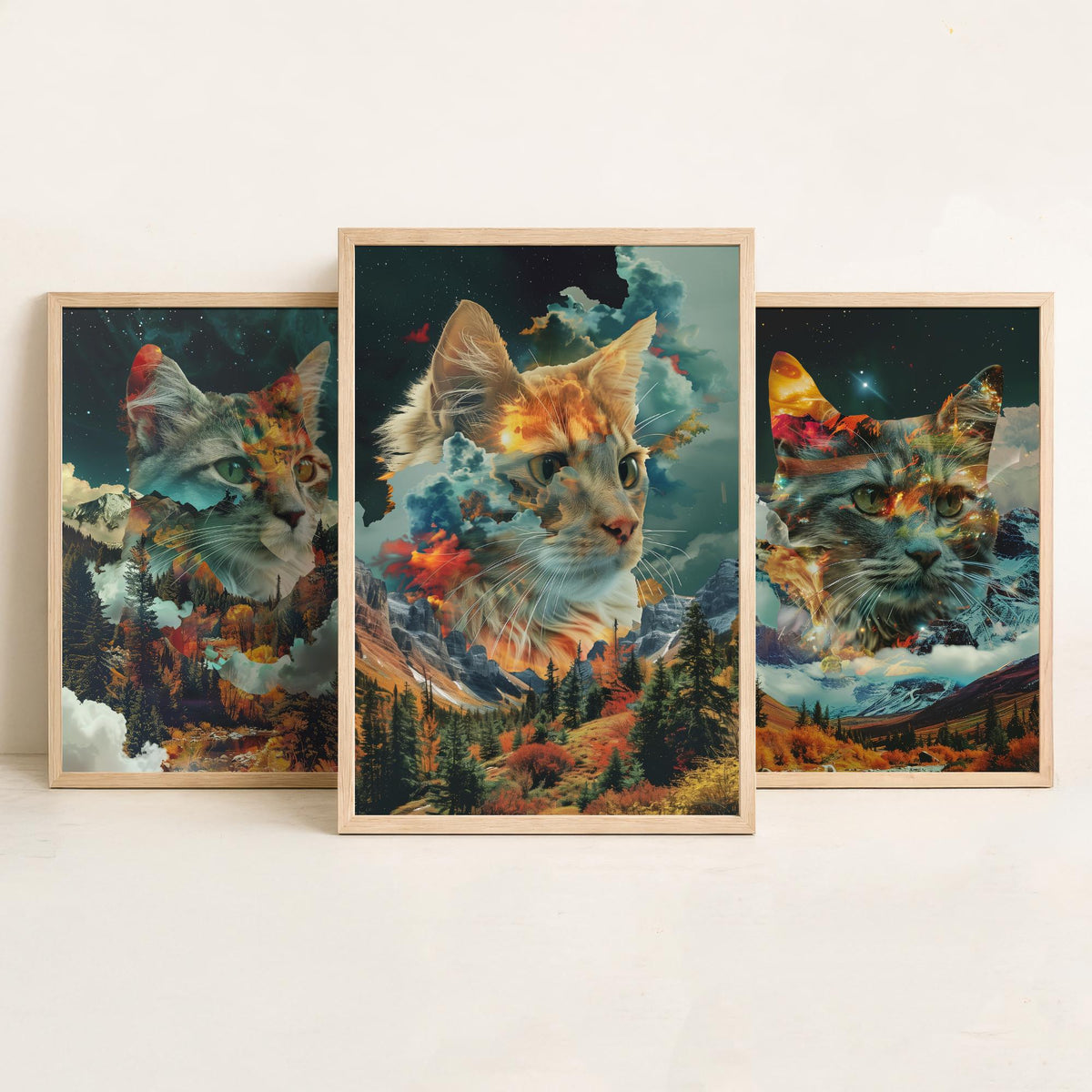 Cat Set of Three Art Prints - 3 Double Exposure Kitten Posters - Autumn Forest Surreal Nature Wall Art Gift Painting Decor