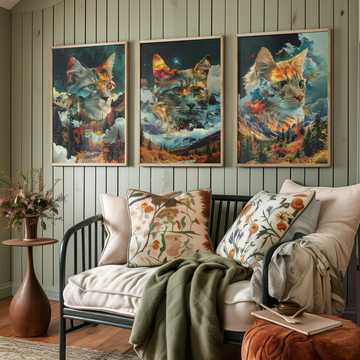 Cat Set of Three Art Prints - 3 Double Exposure Kitten Posters - Autumn Forest Surreal Nature Wall Art Gift Painting Decor