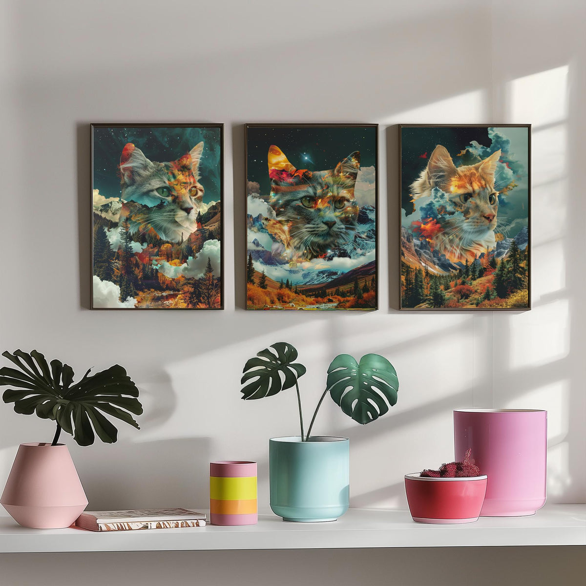 Cat Set of Three Art Prints - 3 Double Exposure Kitten Posters - Autumn Forest Surreal Nature Wall Art Gift Painting Decor