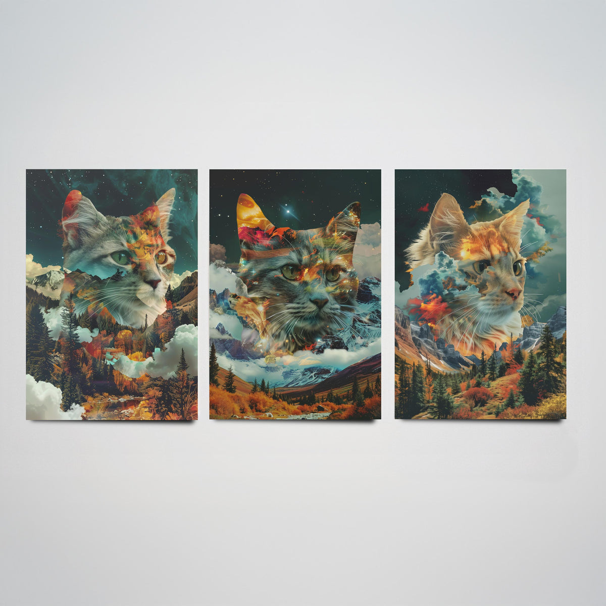 Cat Set of Three Art Prints - 3 Double Exposure Kitten Posters - Autumn Forest Surreal Nature Wall Art Gift Painting Decor