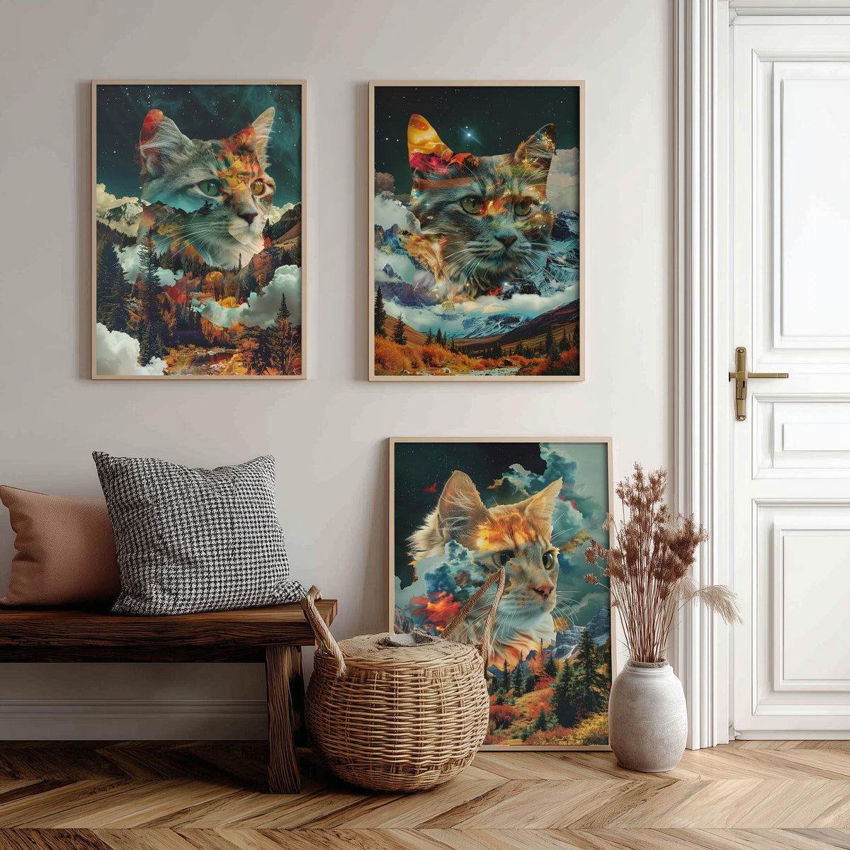 Cat Set of Three Art Prints - 3 Double Exposure Kitten Posters - Autumn Forest Surreal Nature Wall Art Gift Painting Decor