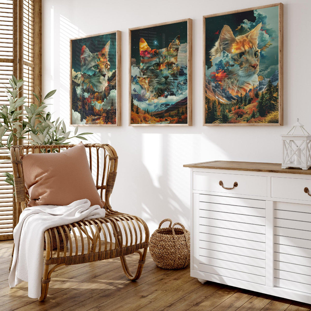 Cat Set of Three Art Prints - 3 Double Exposure Kitten Posters - Autumn Forest Surreal Nature Wall Art Gift Painting Decor
