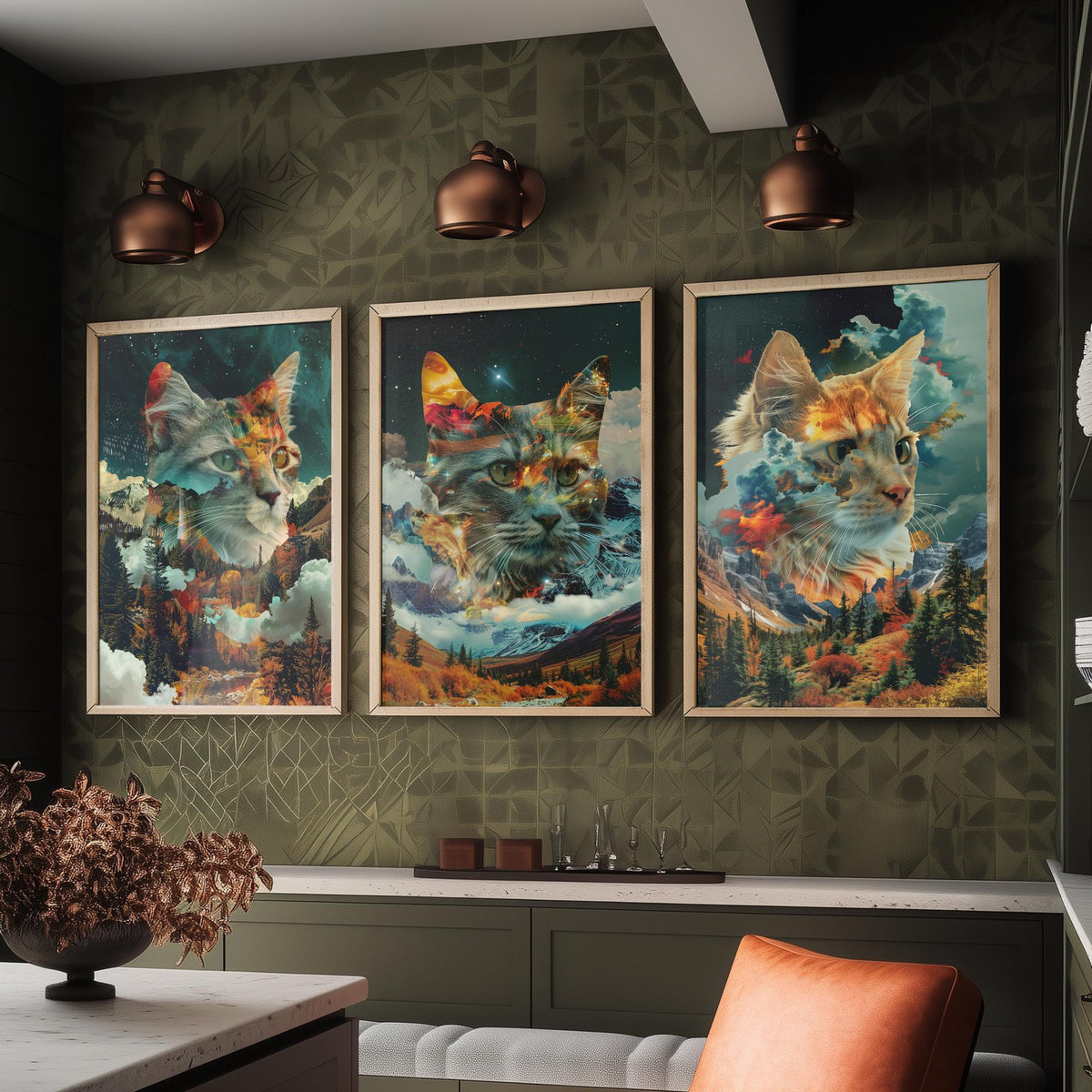 Cat Set of Three Art Prints - 3 Double Exposure Kitten Posters - Autumn Forest Surreal Nature Wall Art Gift Painting Decor