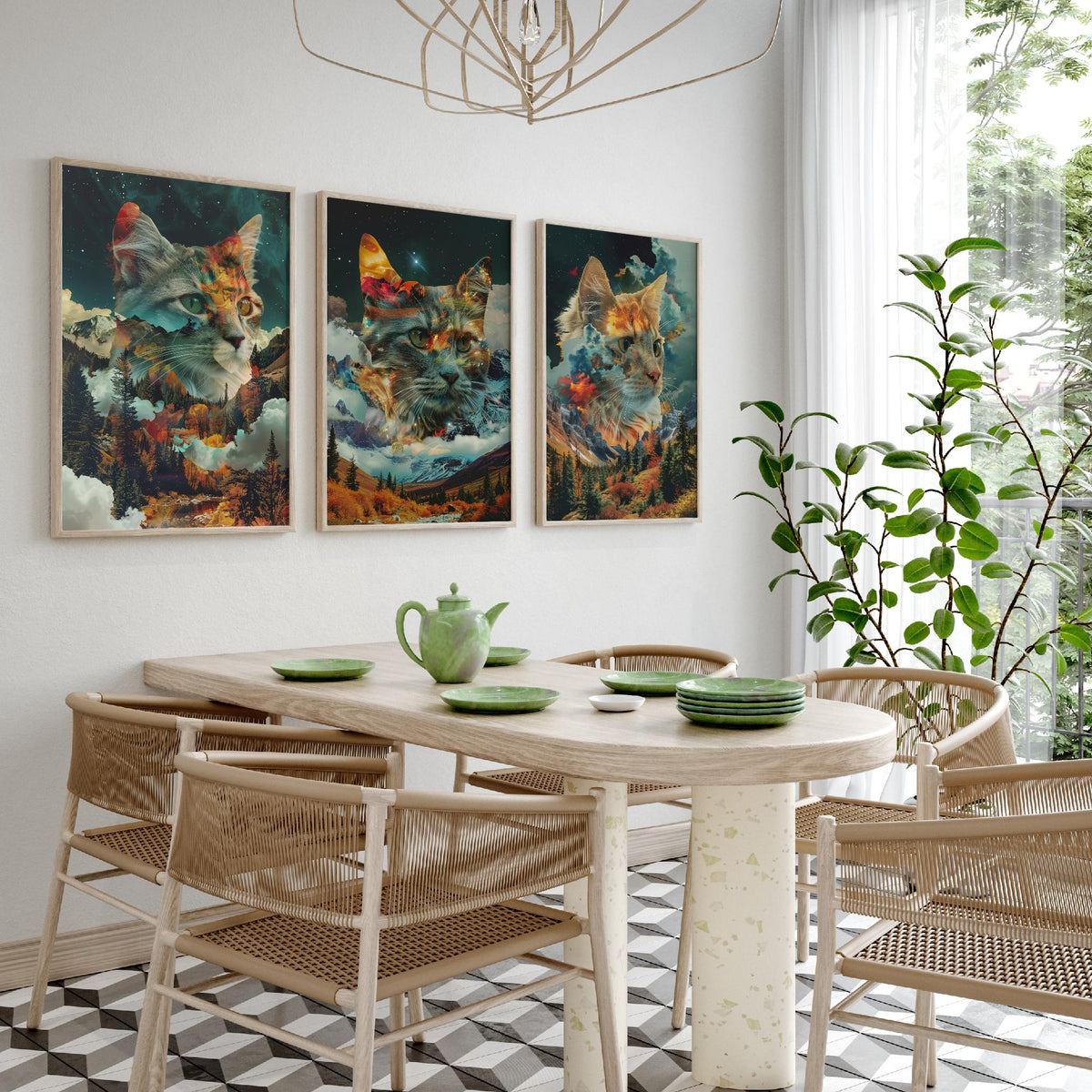 Cat Set of Three Art Prints - 3 Double Exposure Kitten Posters - Autumn Forest Surreal Nature Wall Art Gift Painting Decor