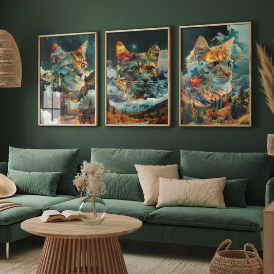 Cat Set of Three Art Prints - 3 Double Exposure Kitten Posters - Autumn Forest Surreal Nature Wall Art Gift Painting Decor