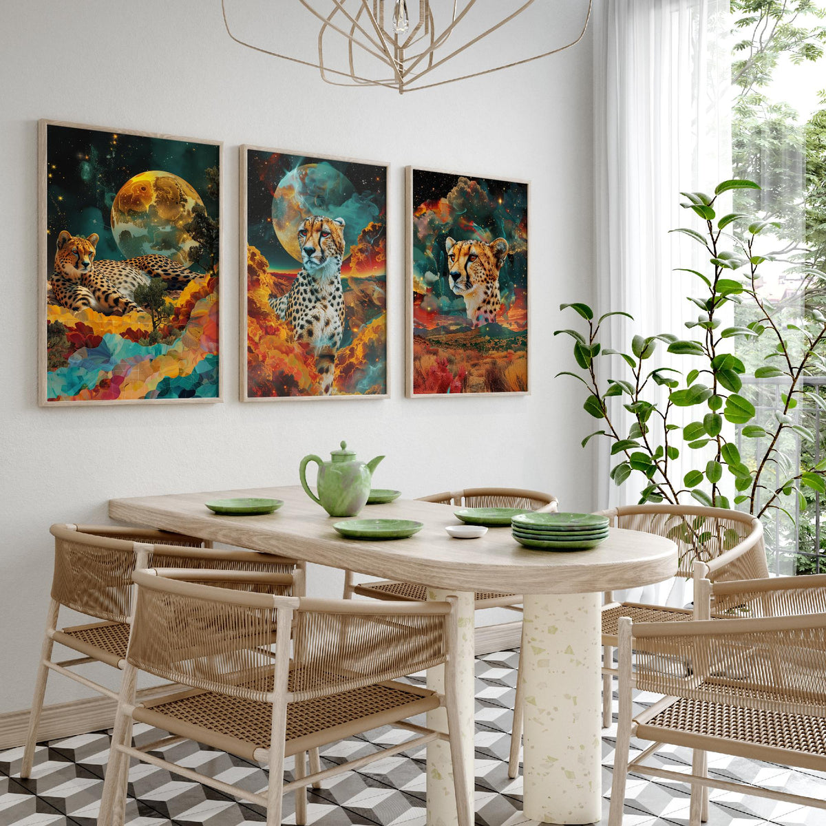 Cheetah Set of Three Art Prints - 3 Double Exposure Big Cat Posters - Surreal Savanna Moon Nature Wall Art Gift Painting
