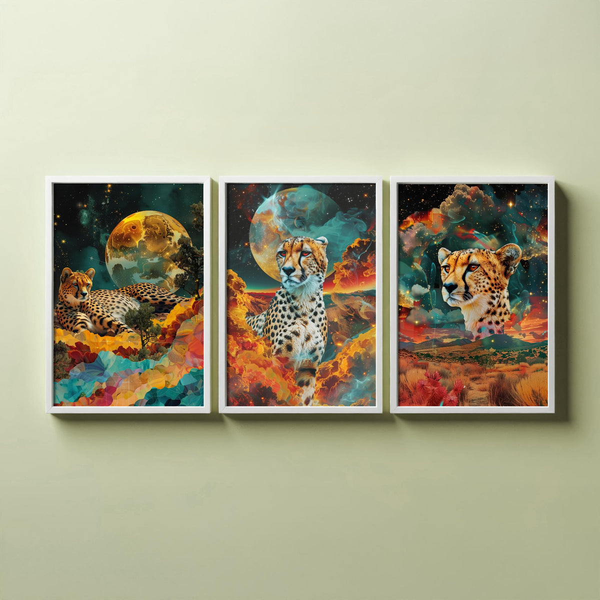 Cheetah Set of Three Art Prints - 3 Double Exposure Big Cat Posters - Surreal Savanna Moon Nature Wall Art Gift Painting