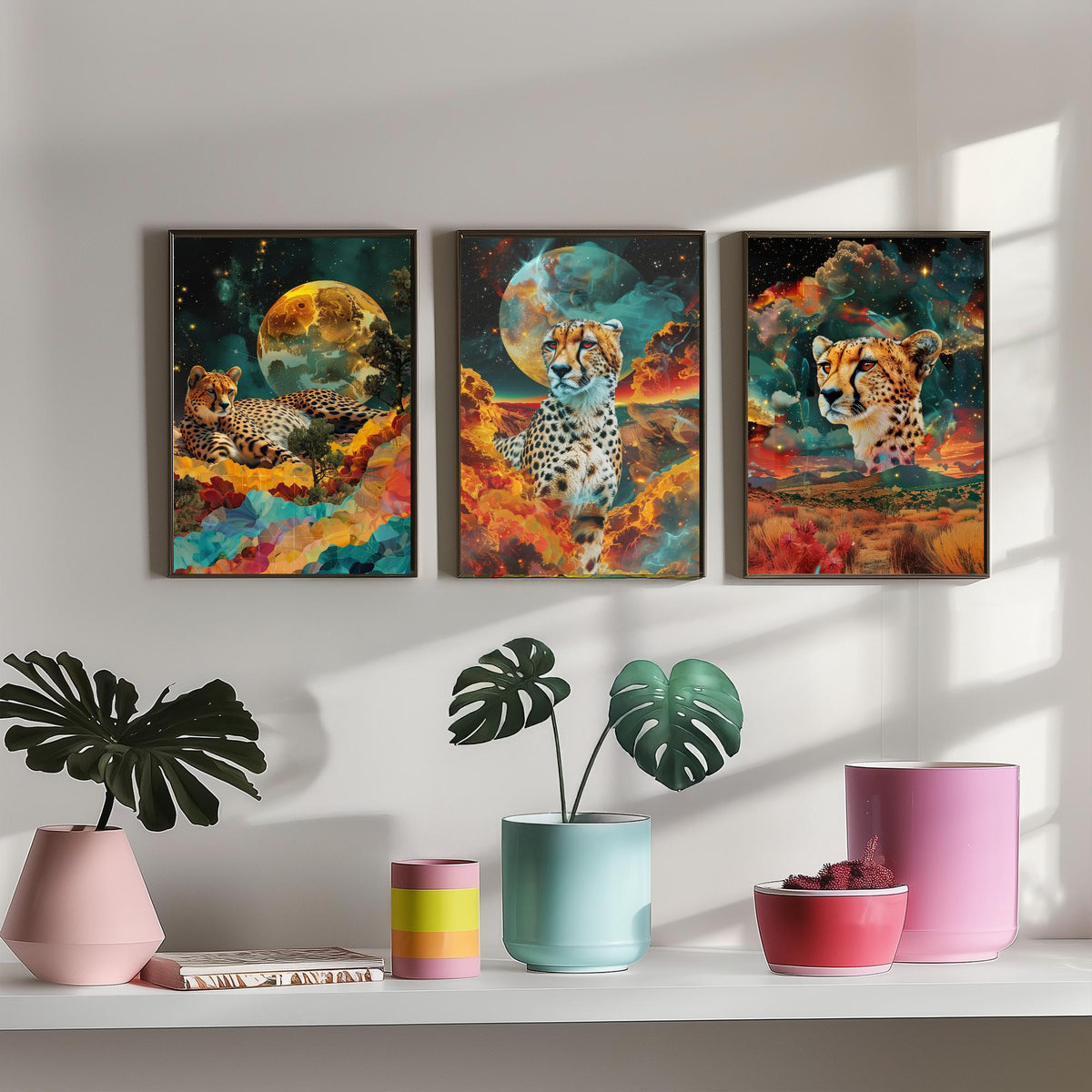 Cheetah Set of Three Art Prints - 3 Double Exposure Big Cat Posters - Surreal Savanna Moon Nature Wall Art Gift Painting