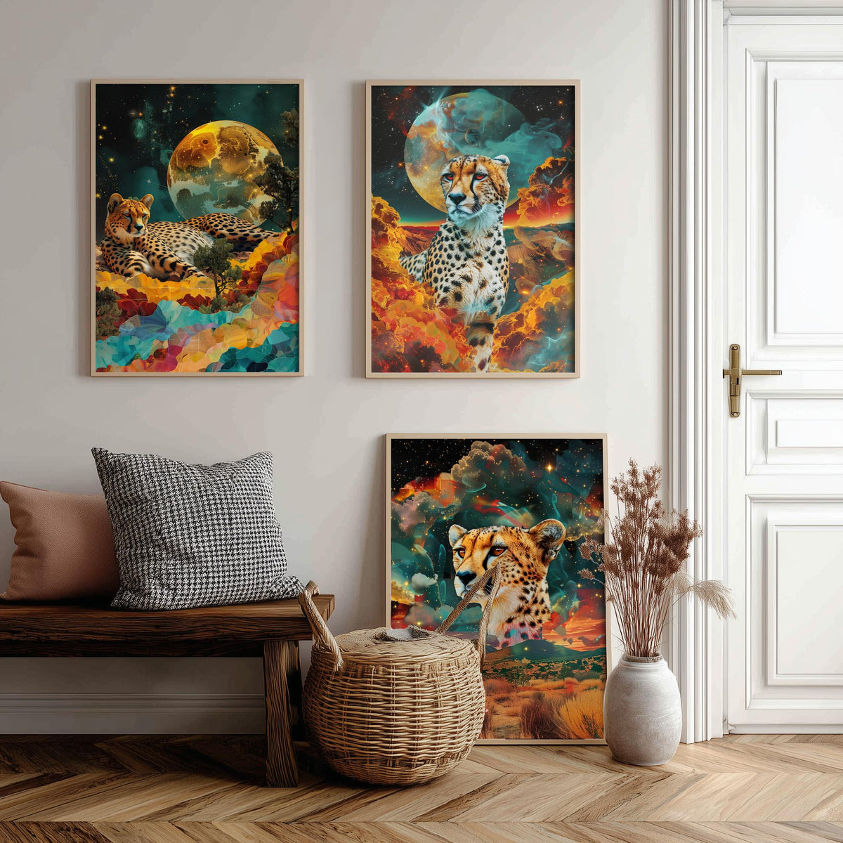 Cheetah Set of Three Art Prints - 3 Double Exposure Big Cat Posters - Surreal Savanna Moon Nature Wall Art Gift Painting