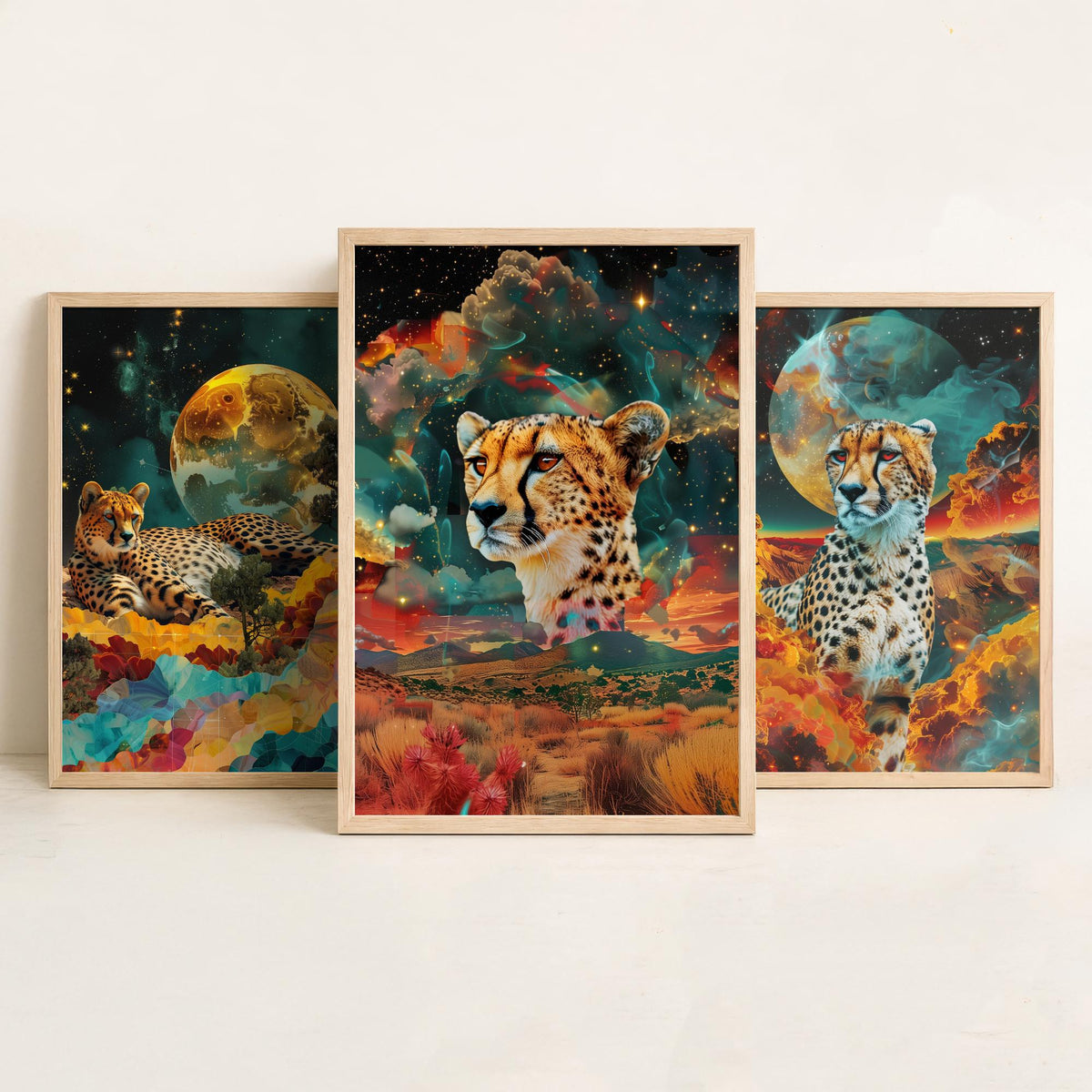 Cheetah Set of Three Art Prints - 3 Double Exposure Big Cat Posters - Surreal Savanna Moon Nature Wall Art Gift Painting