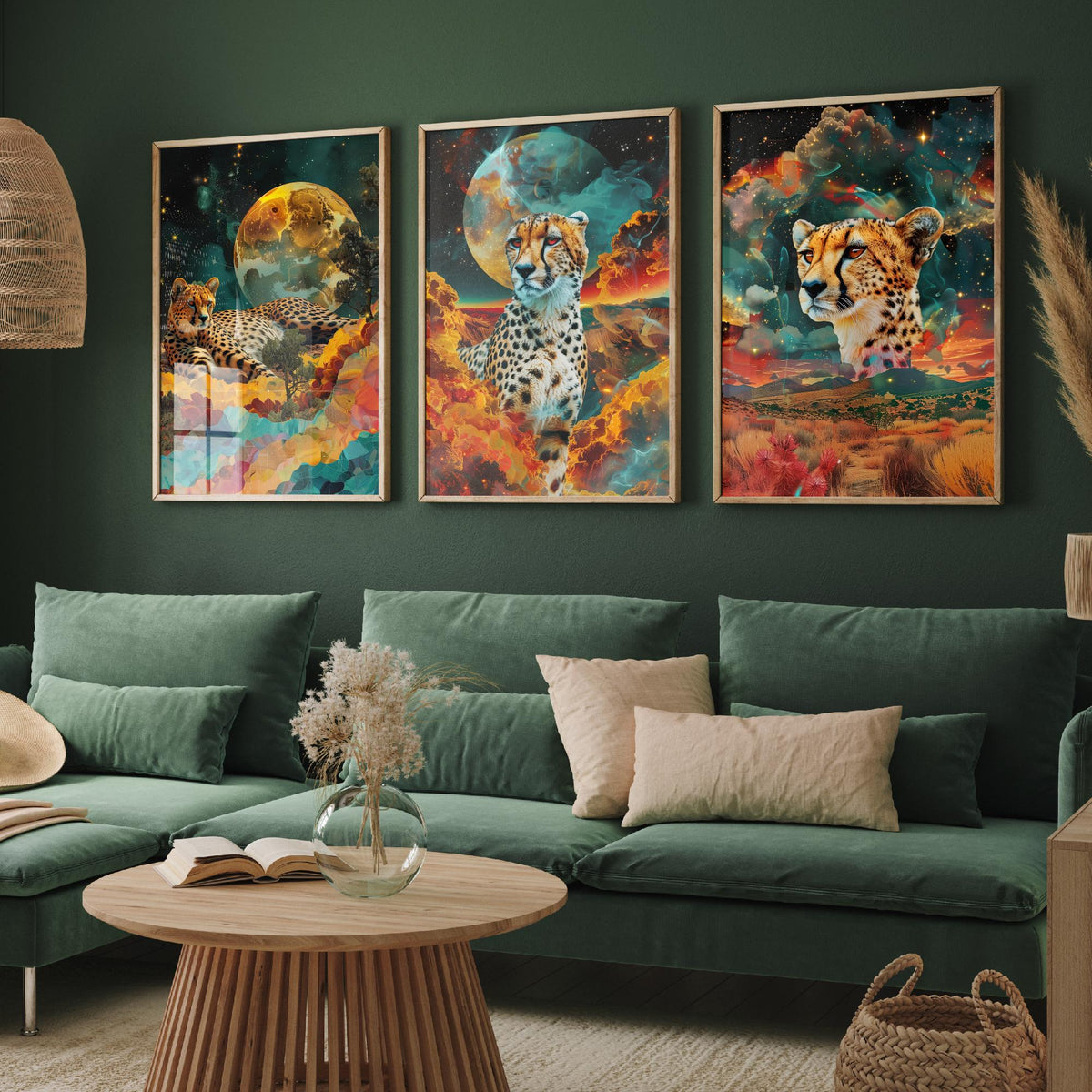 Cheetah Set of Three Art Prints - 3 Double Exposure Big Cat Posters - Surreal Savanna Moon Nature Wall Art Gift Painting