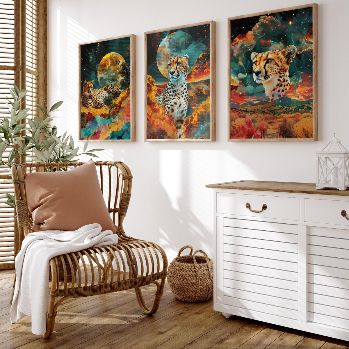 Cheetah Set of Three Art Prints - 3 Double Exposure Big Cat Posters - Surreal Savanna Moon Nature Wall Art Gift Painting