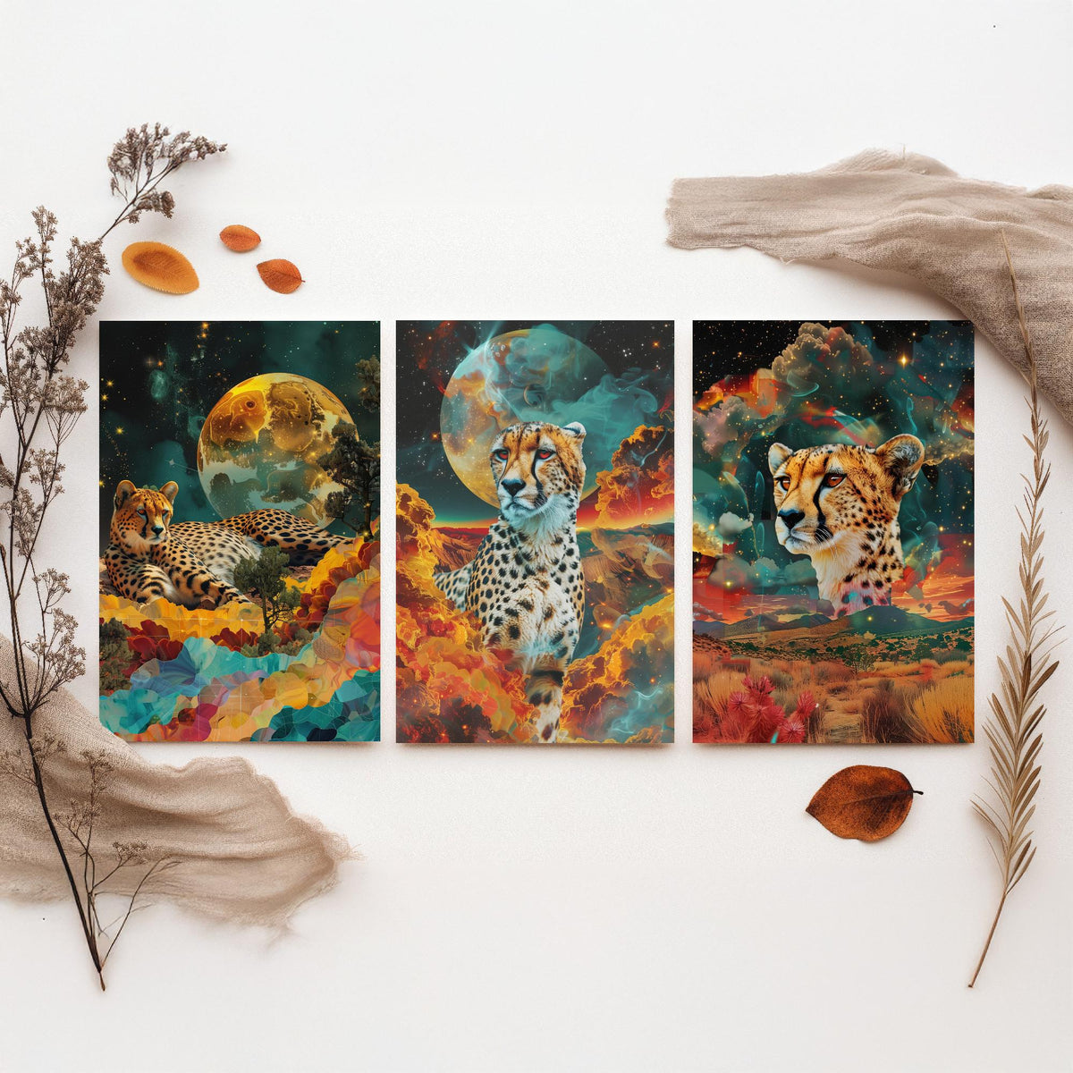 Cheetah Set of Three Art Prints - 3 Double Exposure Big Cat Posters - Surreal Savanna Moon Nature Wall Art Gift Painting