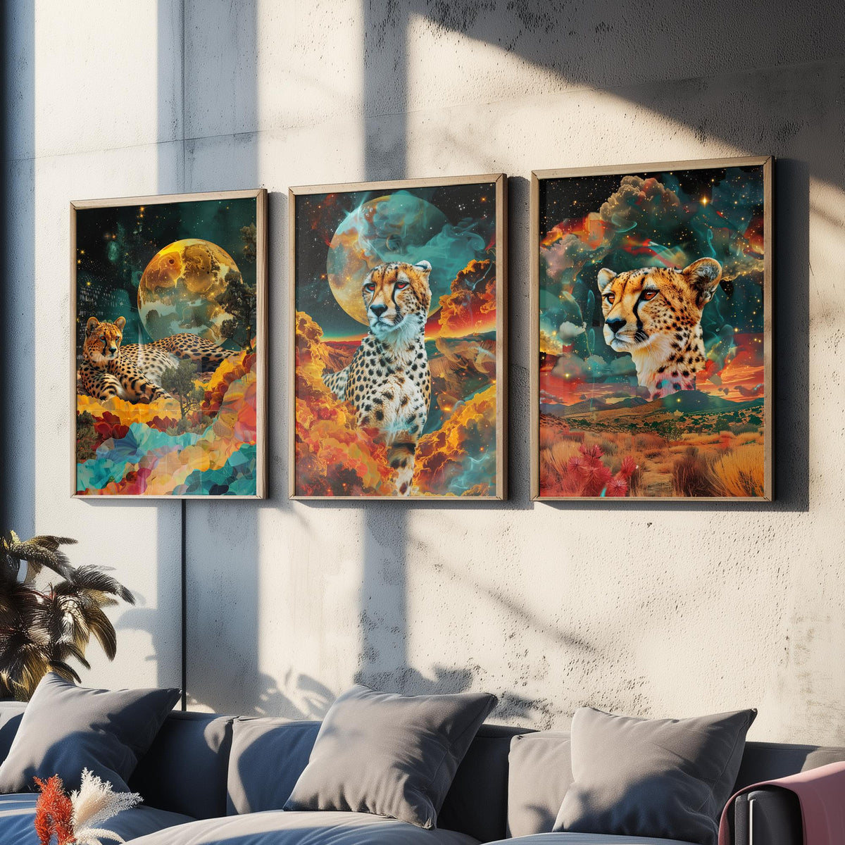 Cheetah Set of Three Art Prints - 3 Double Exposure Big Cat Posters - Surreal Savanna Moon Nature Wall Art Gift Painting
