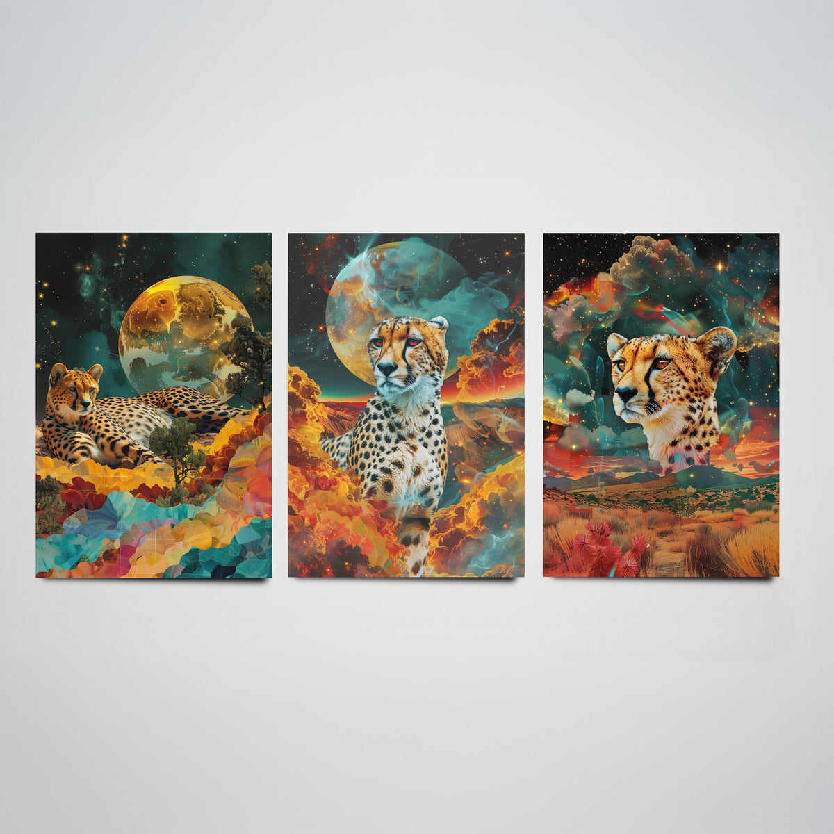 Cheetah Set of Three Art Prints - 3 Double Exposure Big Cat Posters - Surreal Savanna Moon Nature Wall Art Gift Painting