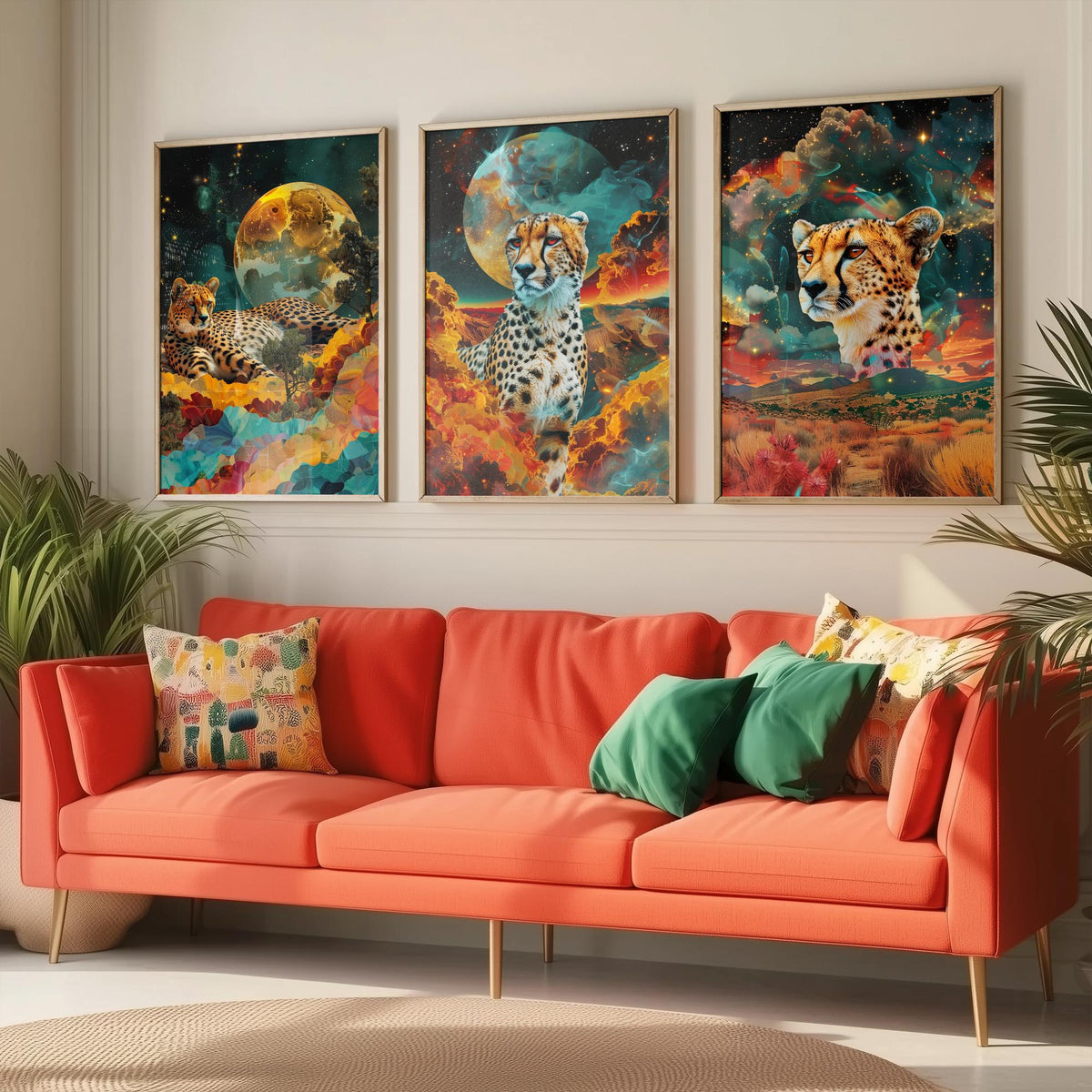 Cheetah Set of Three Art Prints - 3 Double Exposure Big Cat Posters - Surreal Savanna Moon Nature Wall Art Gift Painting