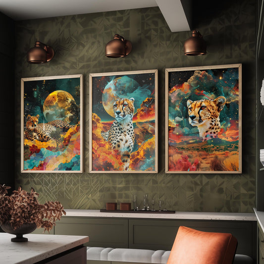 Cheetah Set of Three Art Prints - 3 Double Exposure Big Cat Posters - Surreal Savanna Moon Nature Wall Art Gift Painting