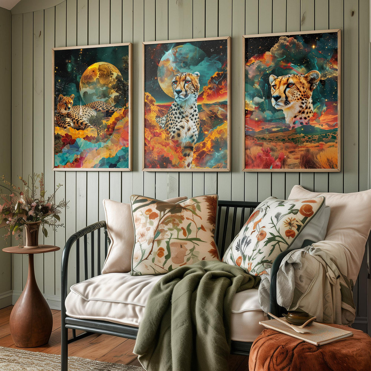 Cheetah Set of Three Art Prints - 3 Double Exposure Big Cat Posters - Surreal Savanna Moon Nature Wall Art Gift Painting