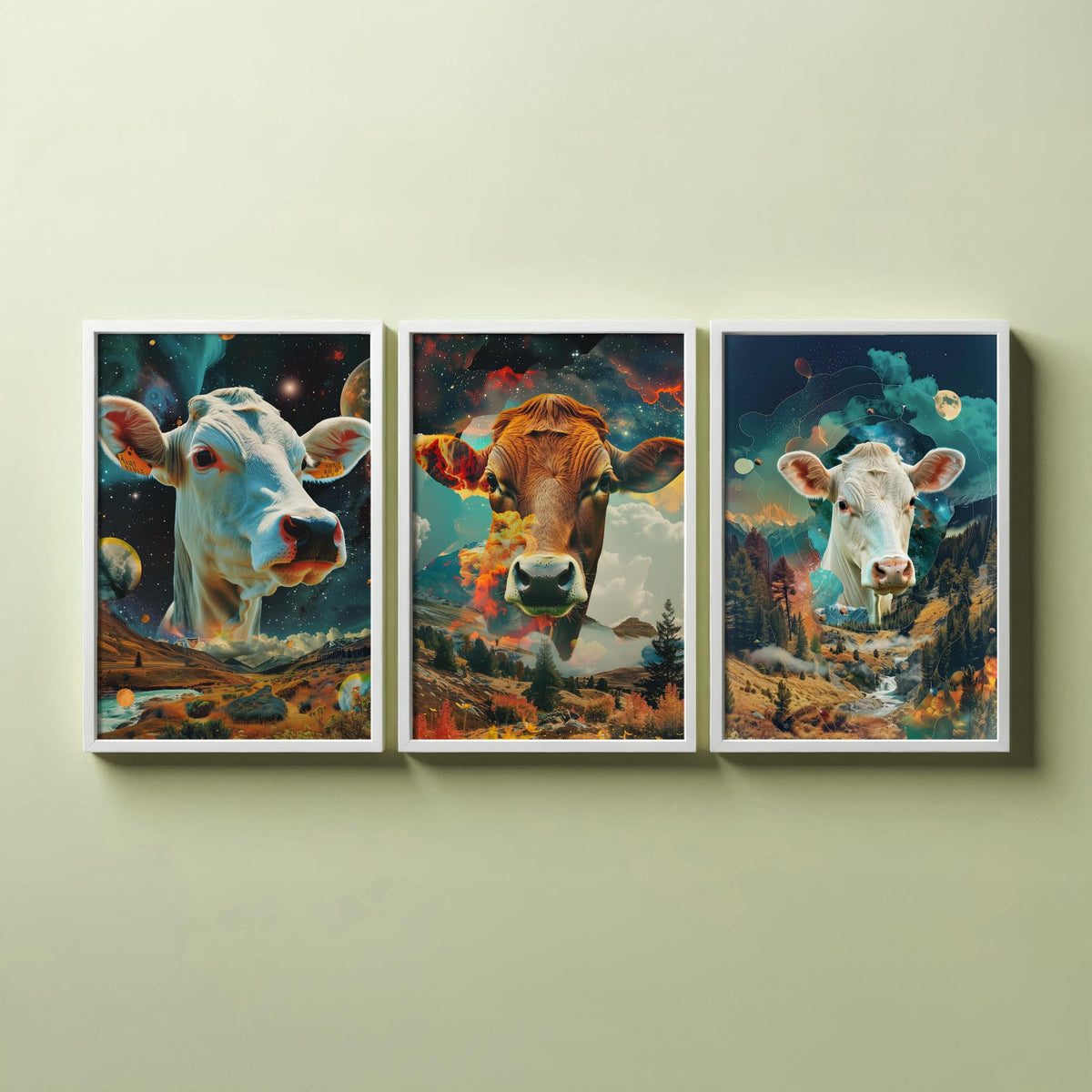 Cow Set of Three Art Prints - 3 Double Exposure Cattle Posters - Surreal Meadow Sky Nature Wall Art Gift Painting Celestial